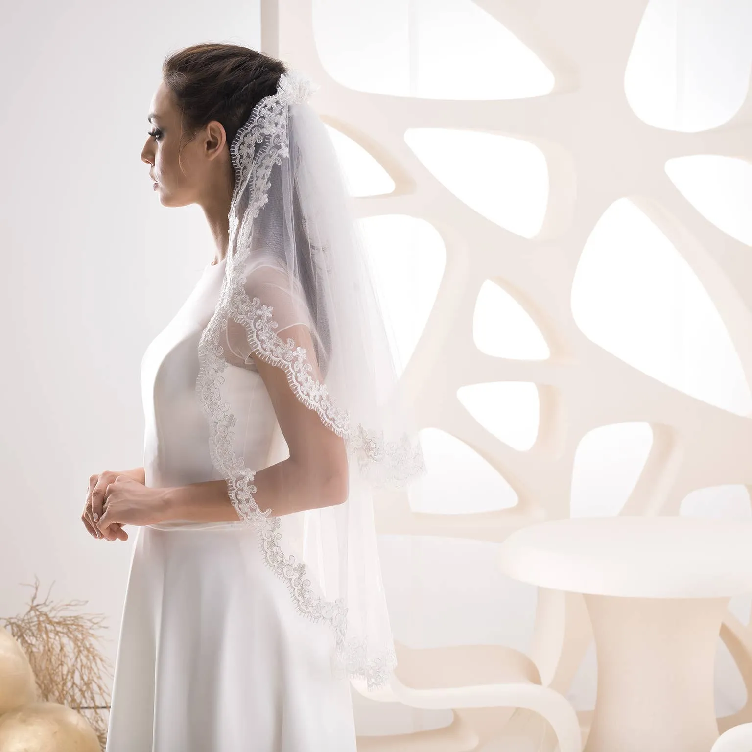 Serenity - Light Ivory Lace embroidered two tier Ivory Wedding Veil