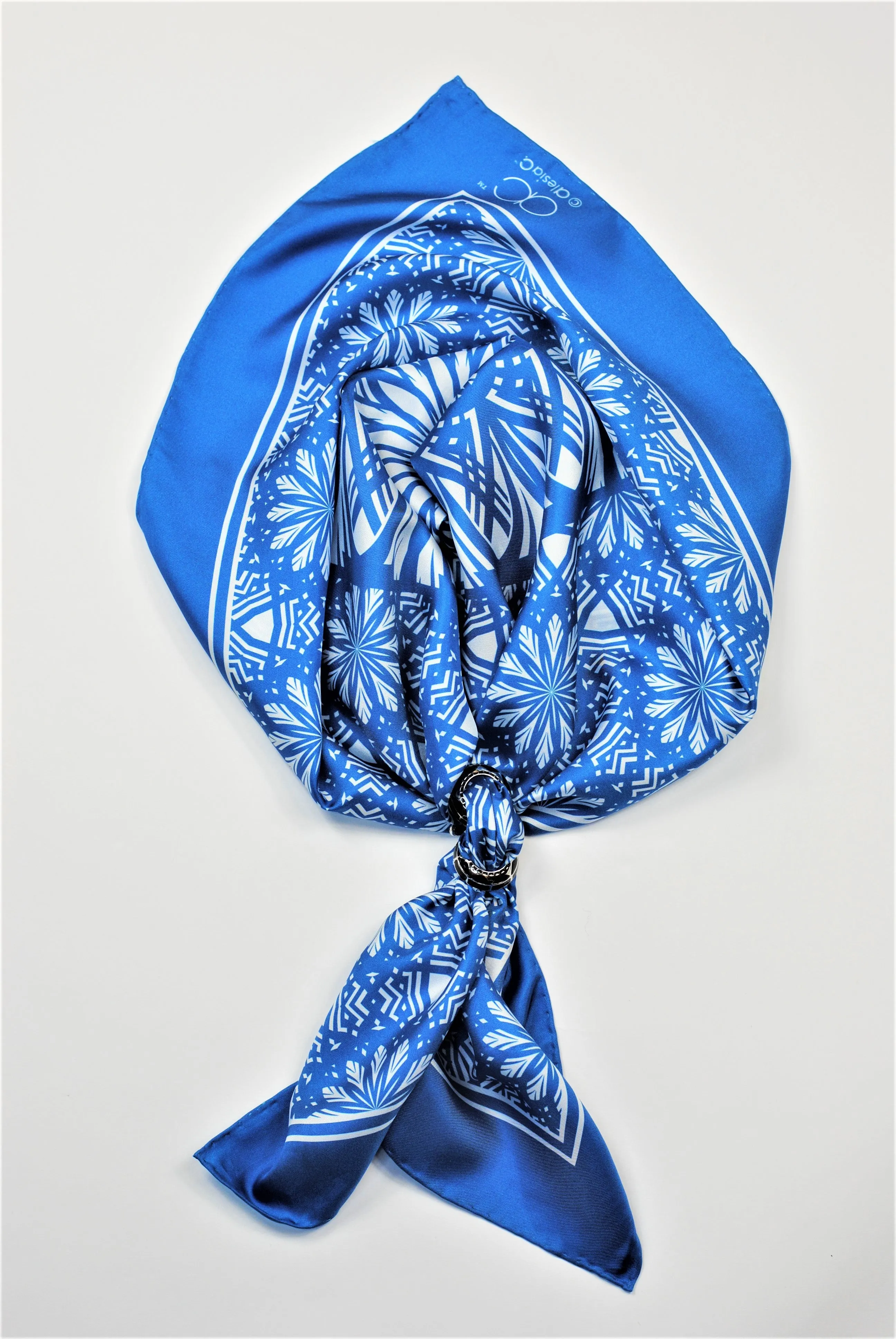 SERENITY Mandala 100% Silk Square Scarf in Blue White