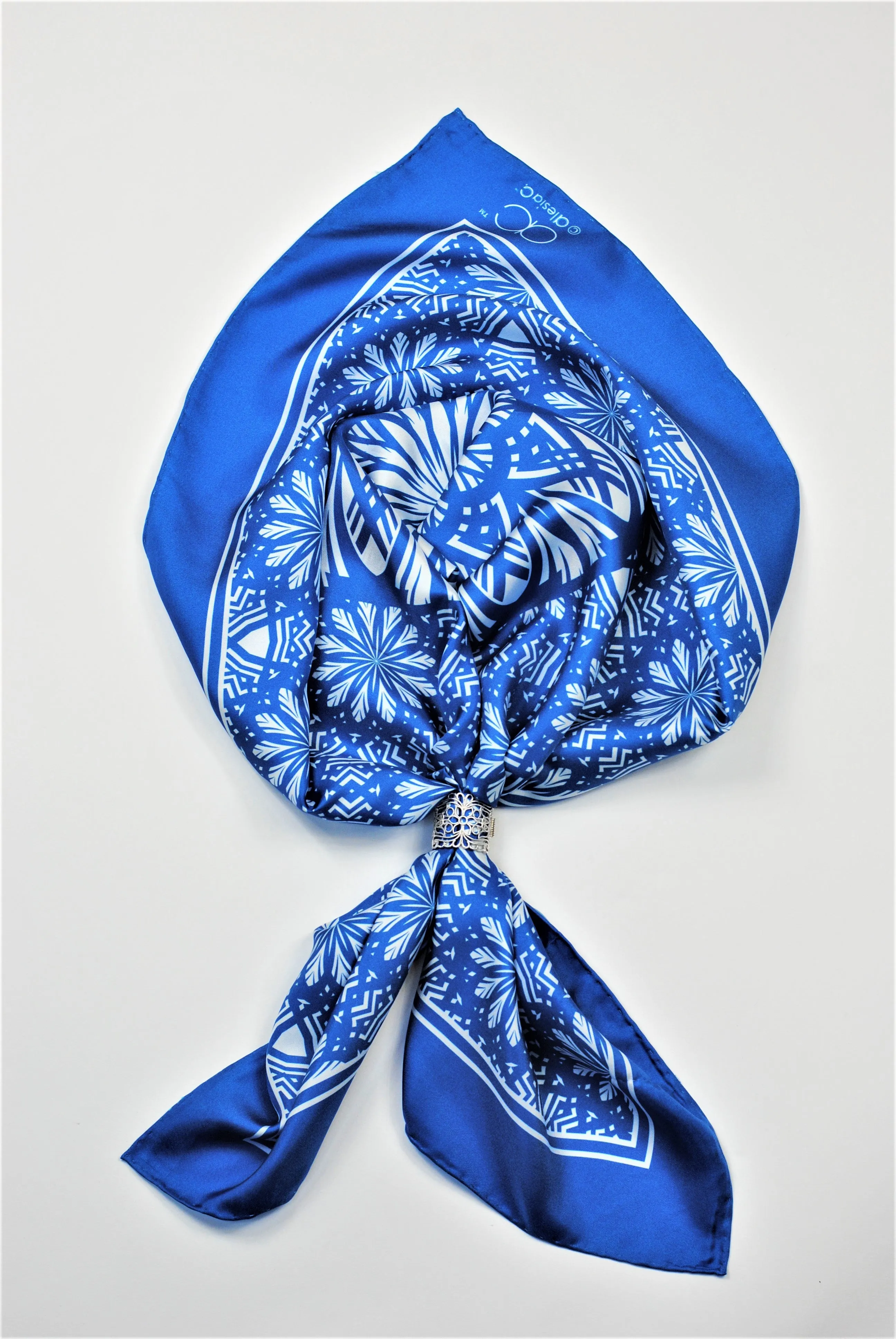 SERENITY Mandala 100% Silk Square Scarf in Blue White