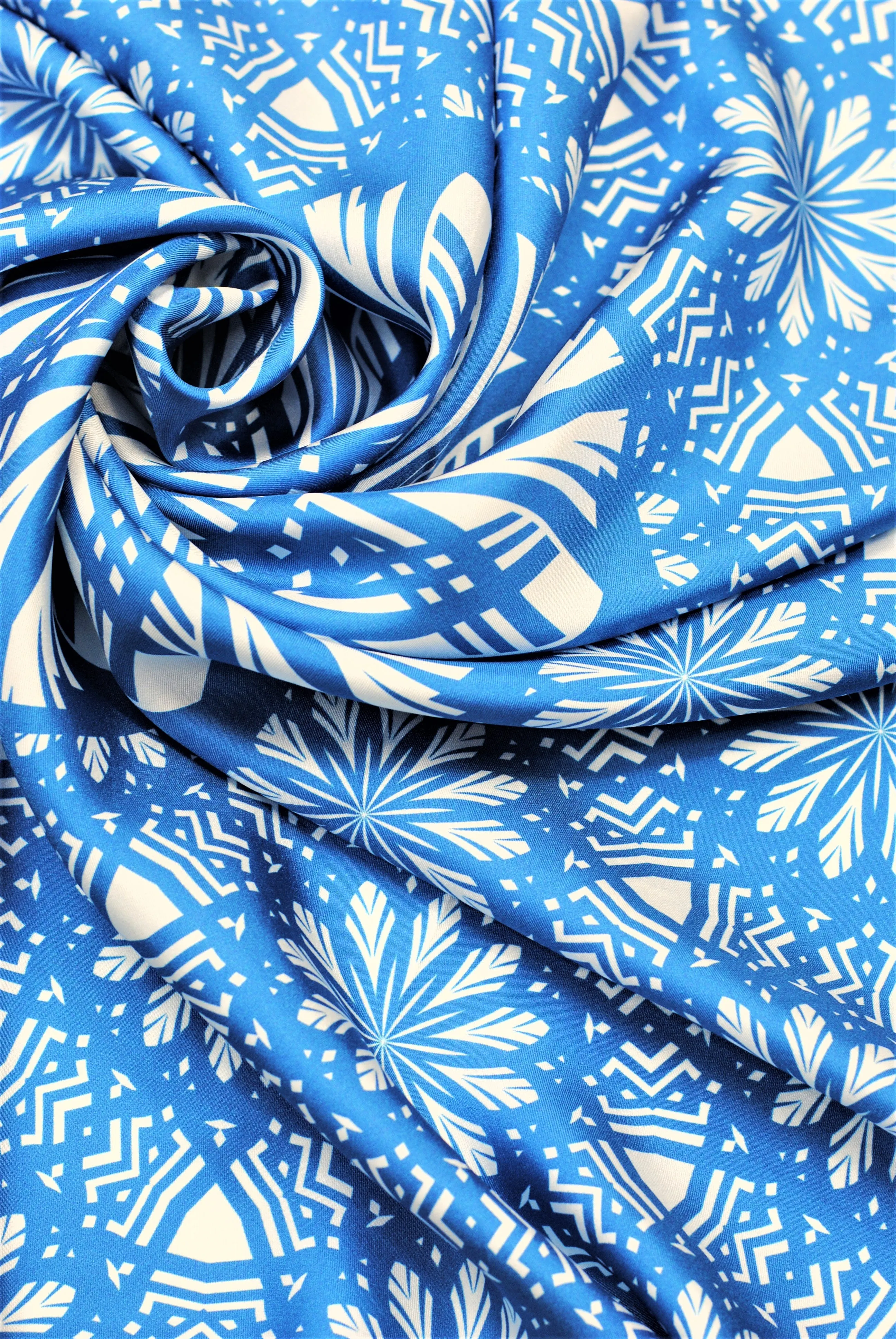 SERENITY Mandala 100% Silk Square Scarf in Blue White