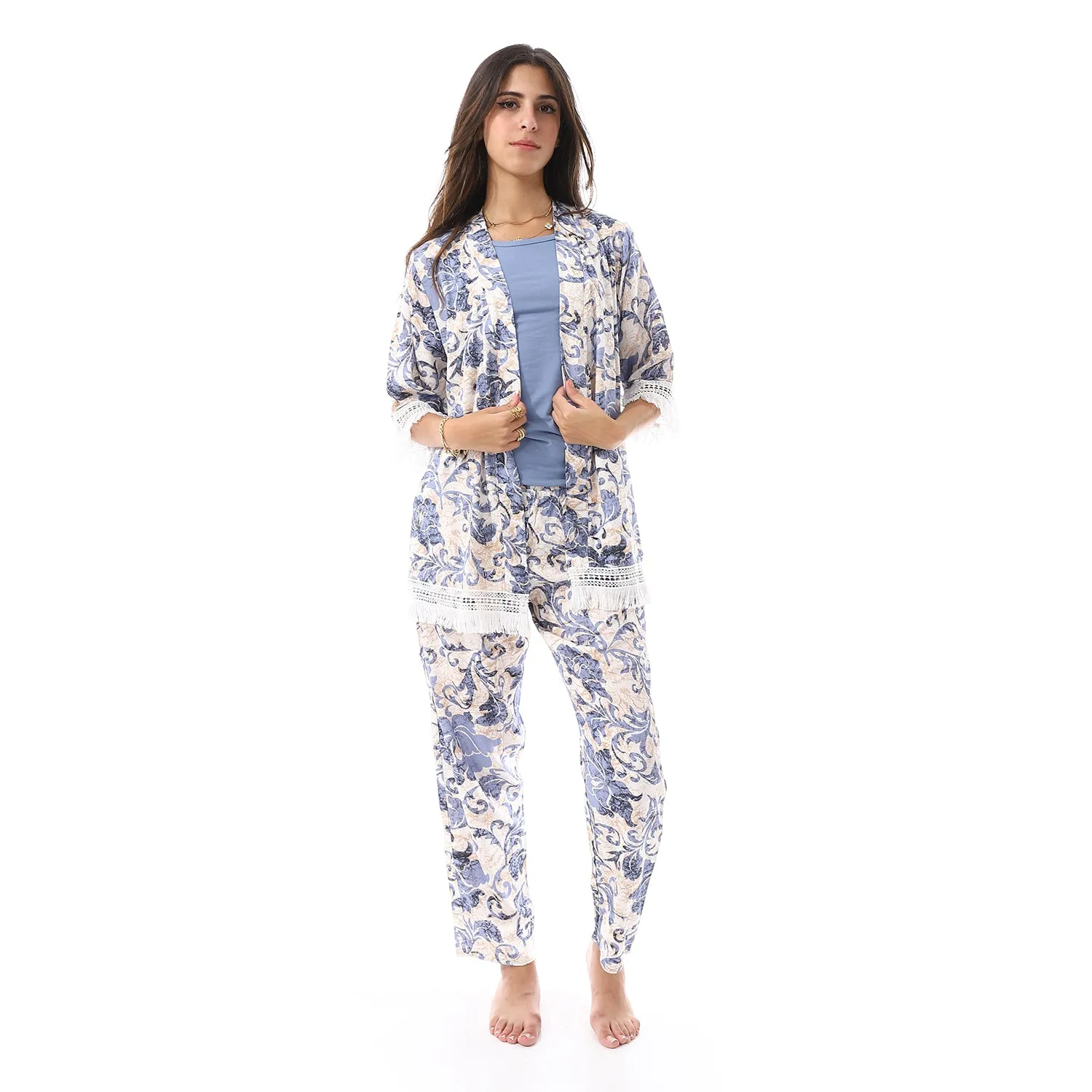 Set Of 3 Robe, Top & Pants Pajama Set for Women - Blue & White