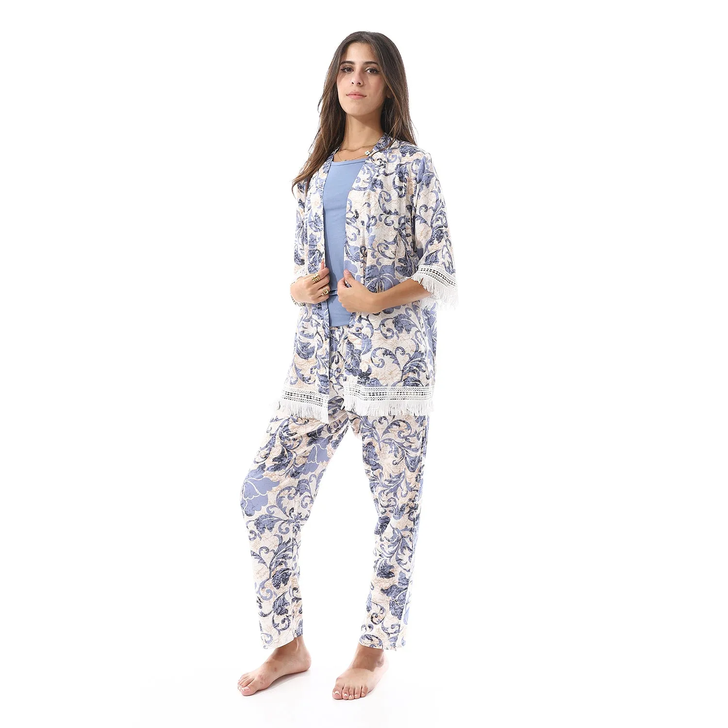 Set Of 3 Robe, Top & Pants Pajama Set for Women - Blue & White