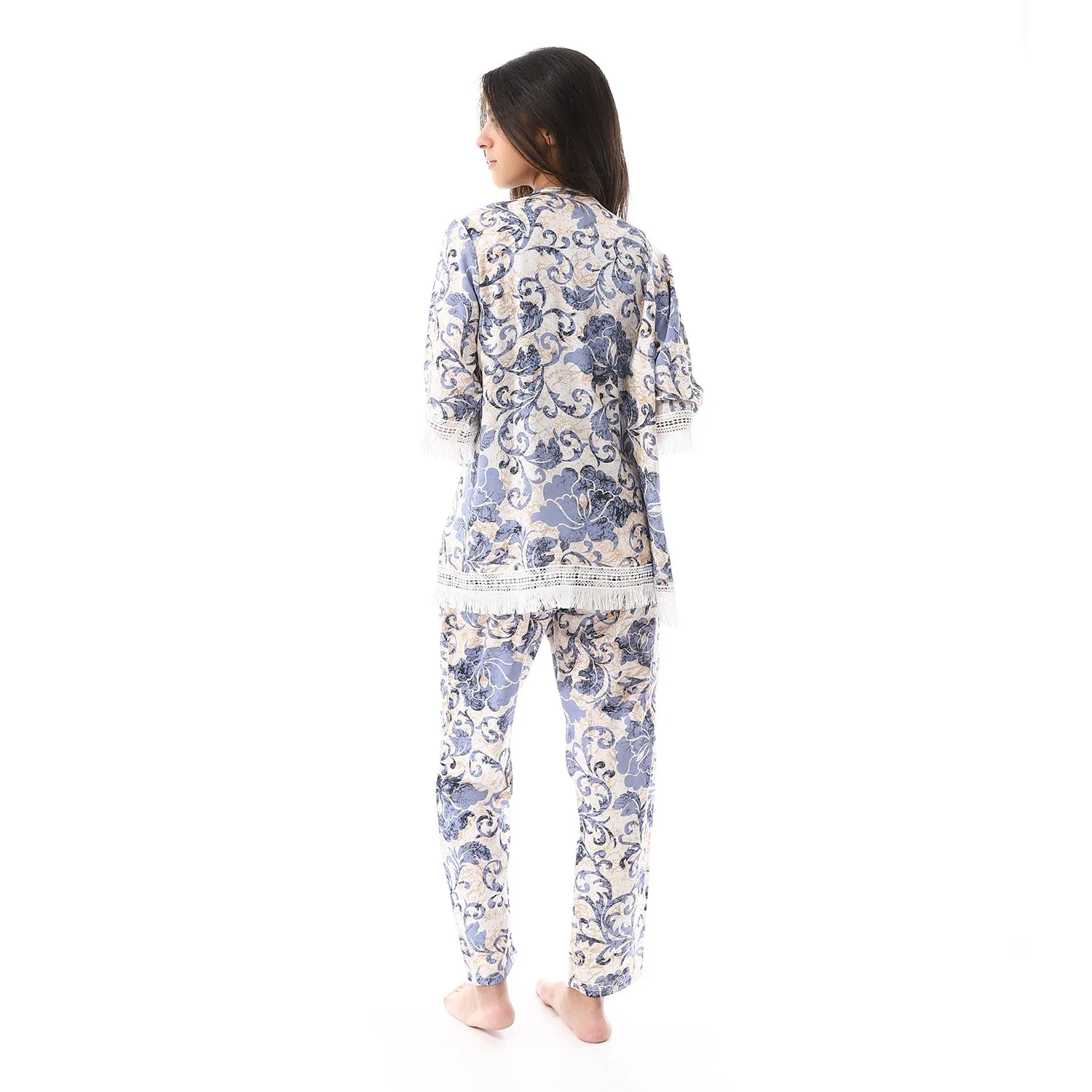 Set Of 3 Robe, Top & Pants Pajama Set for Women - Blue & White