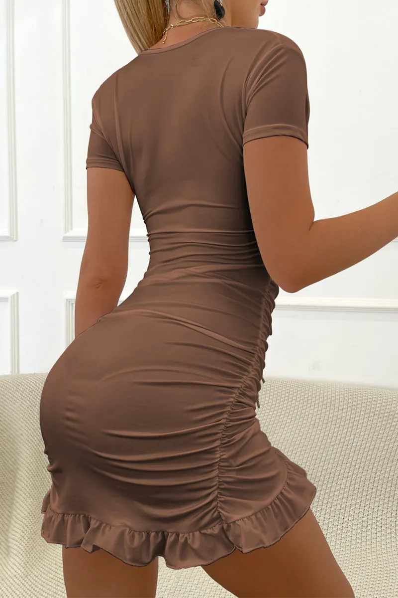 Sexy Solid Hollowed Out Flounce V Neck Wrapped Skirt Dresses