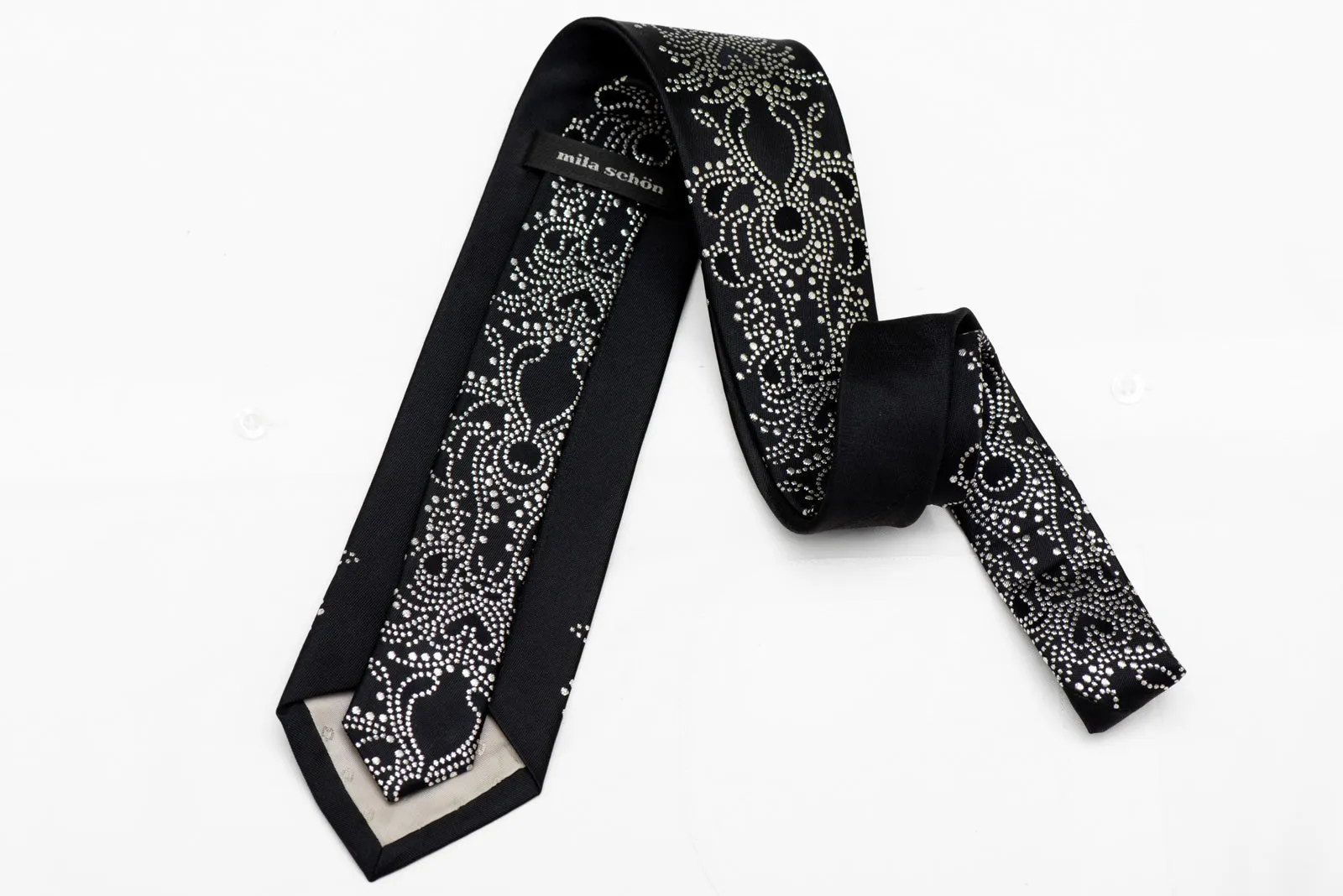 Sparkling Silver Damask On Black Silk Necktie With Silver Sparkles