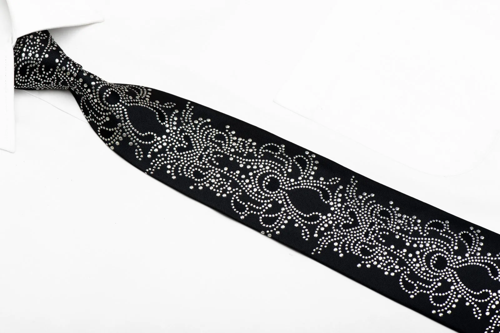 Sparkling Silver Damask On Black Silk Necktie With Silver Sparkles