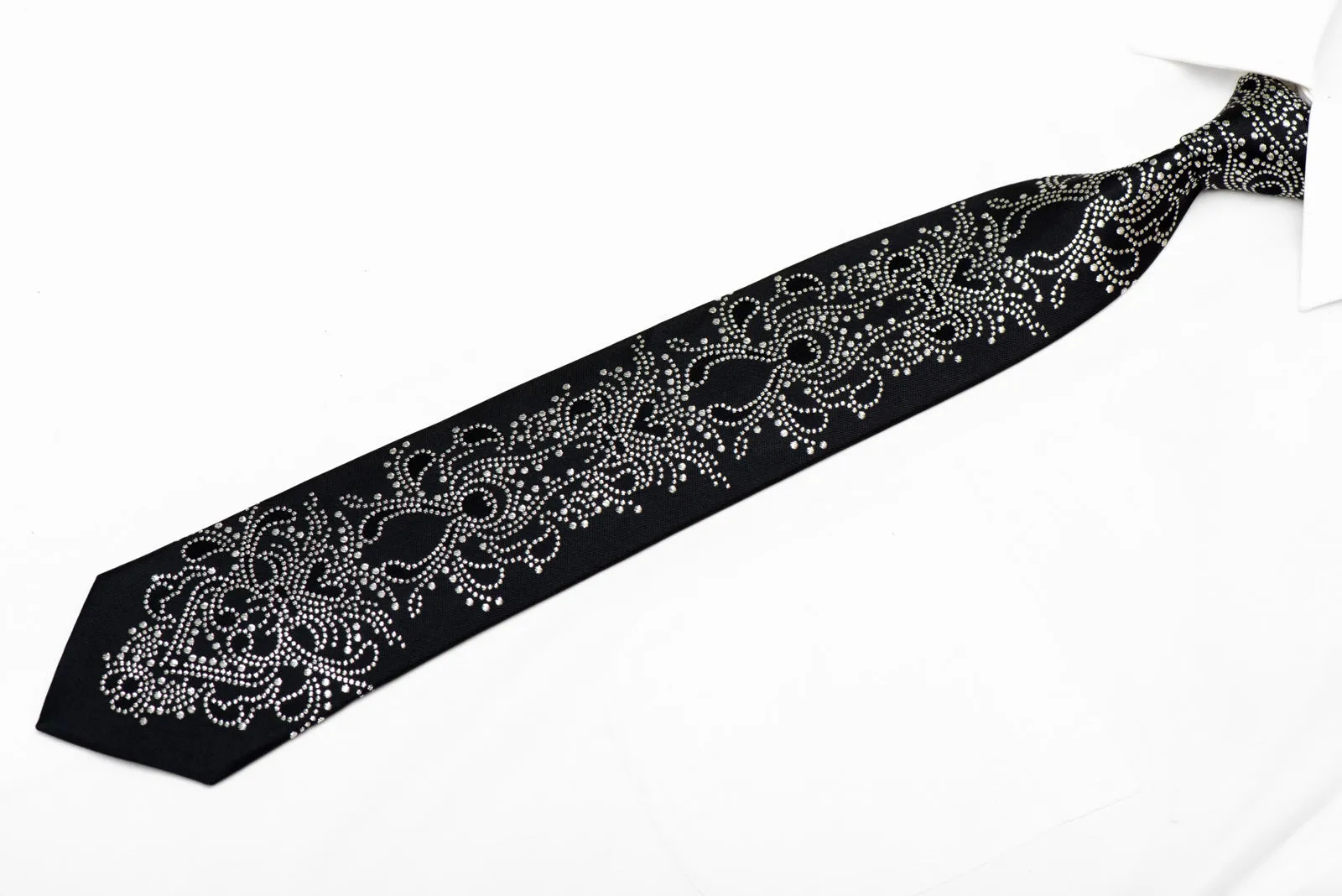 Sparkling Silver Damask On Black Silk Necktie With Silver Sparkles