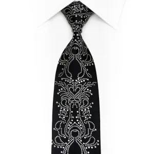 Sparkling Silver Damask On Black Silk Necktie With Silver Sparkles