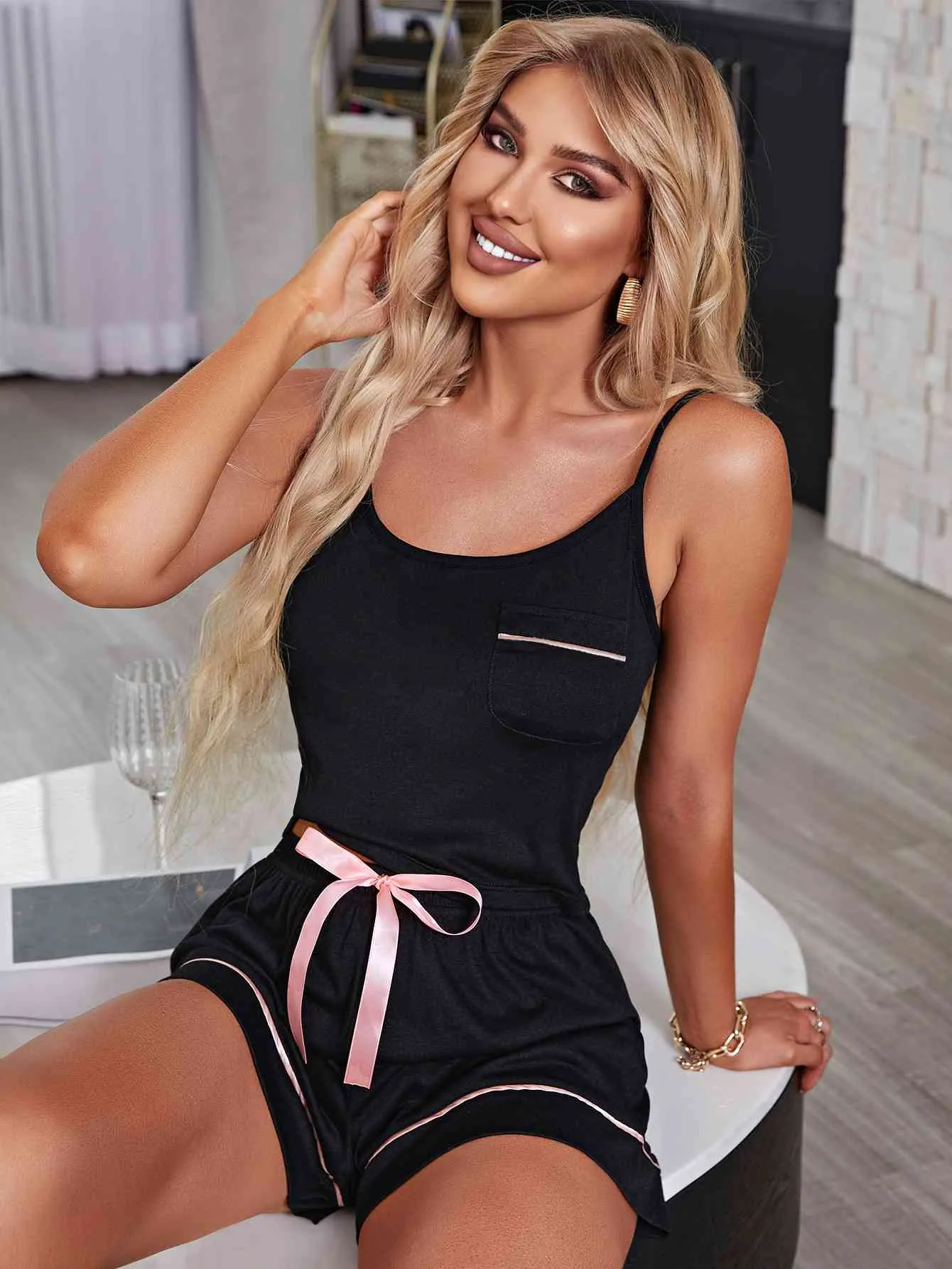 TEEK - Black Contrast Cami and Shorts Lounge Set