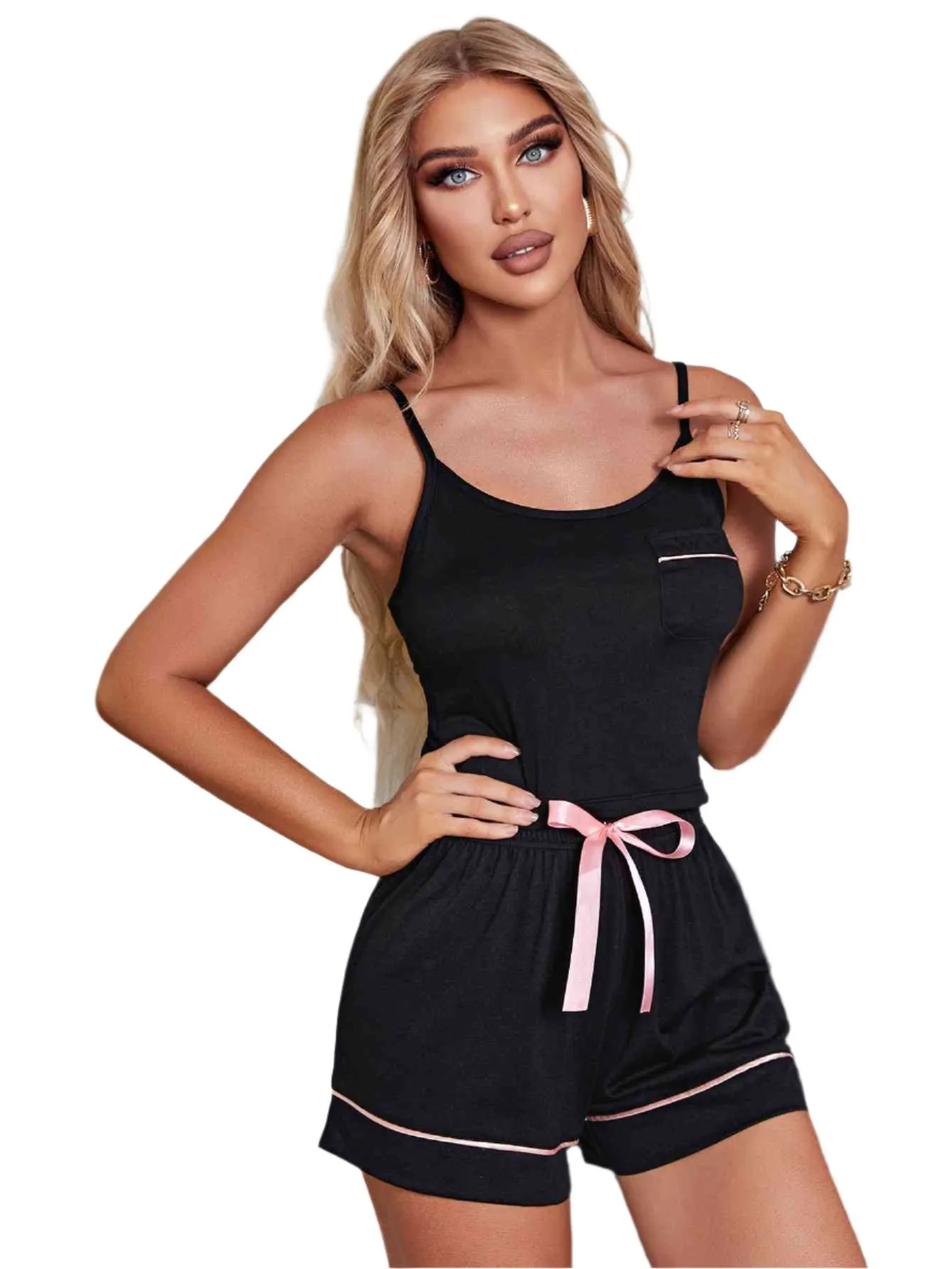 TEEK - Black Contrast Cami and Shorts Lounge Set