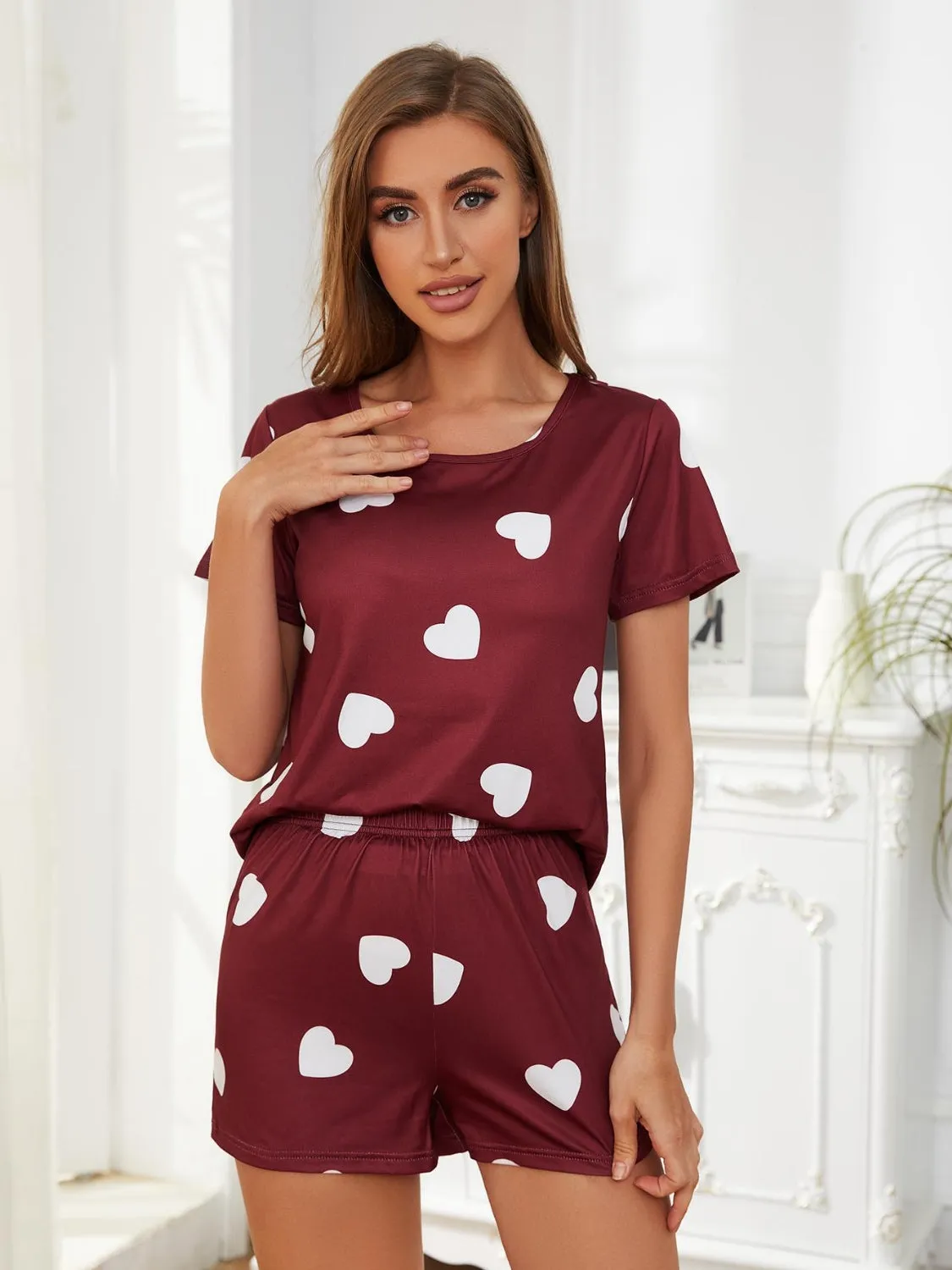 TEEK - Heart Round Neck Top and Shorts Lounge Set