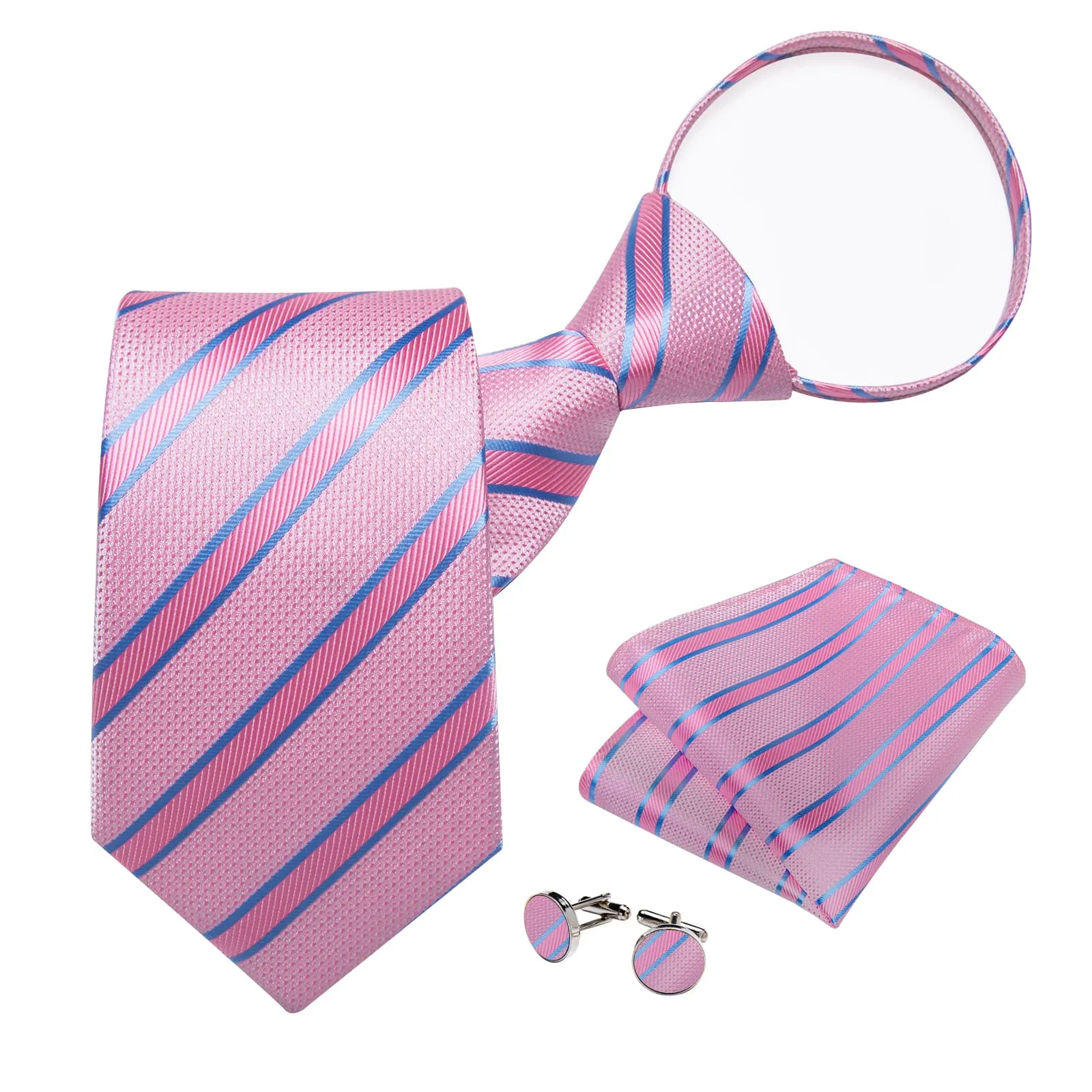 Ties2you Bucket Tie Baby Pink Striped Lazy Men's Silk Tie Handkerchief Cufflinks Set