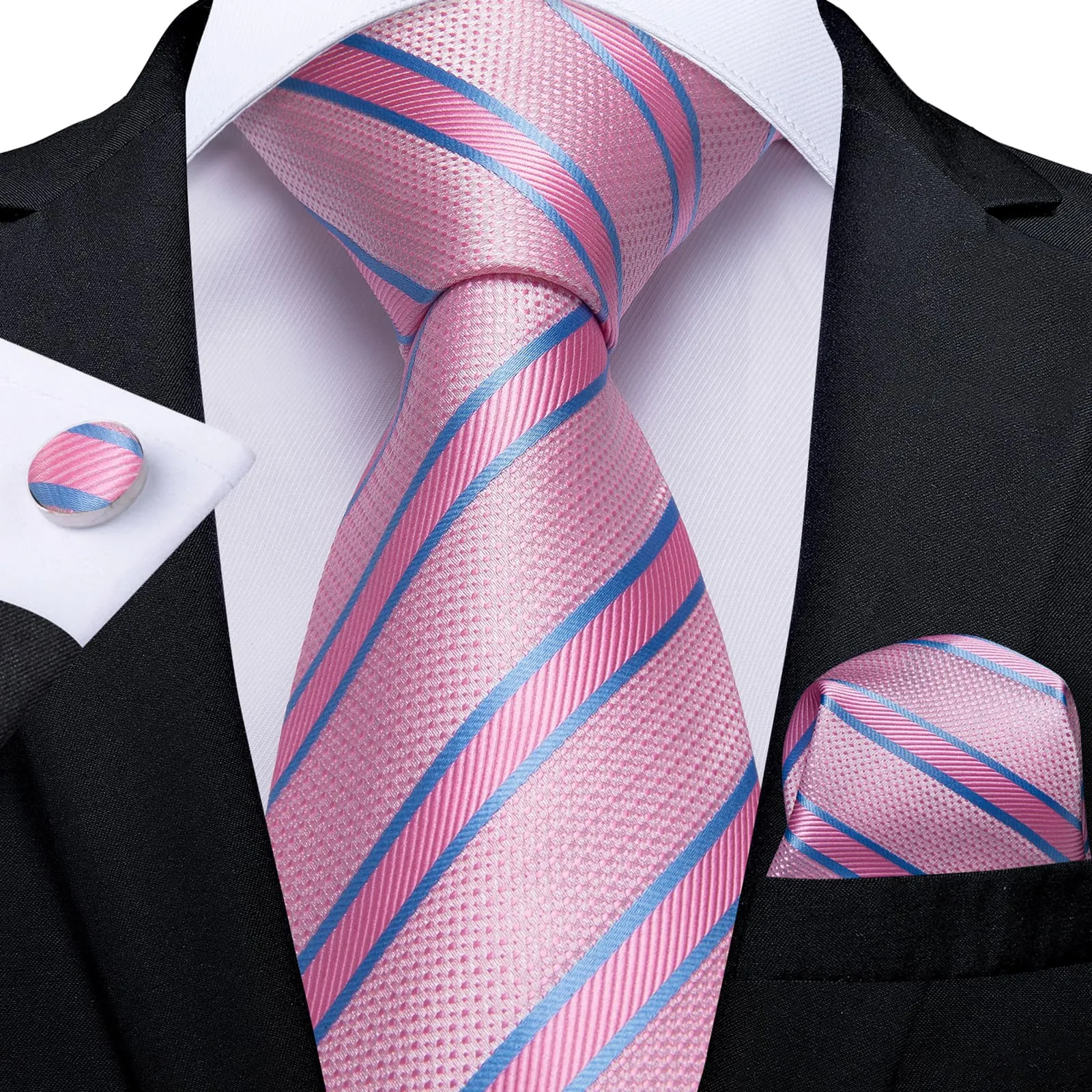 Ties2you Bucket Tie Baby Pink Striped Lazy Men's Silk Tie Handkerchief Cufflinks Set