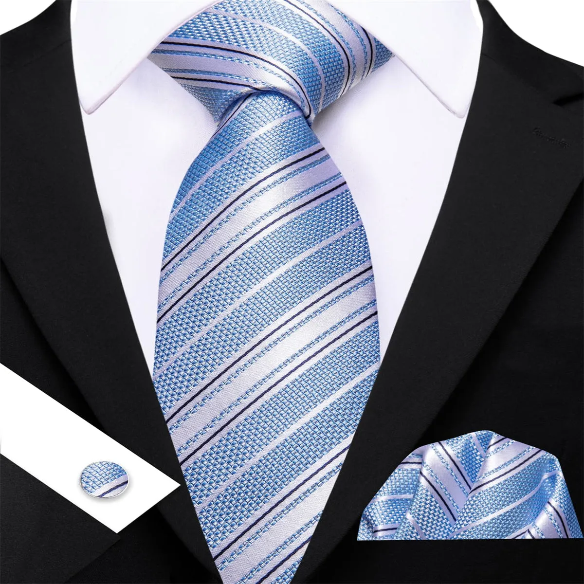 Ties2you Dress Tie Arctic Blue Striped Men's Silk Tie Pocket Square Cufflinks Set