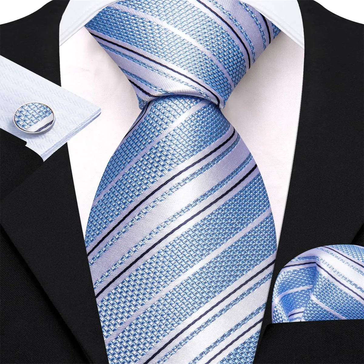 Ties2you Dress Tie Arctic Blue Striped Men's Silk Tie Pocket Square Cufflinks Set