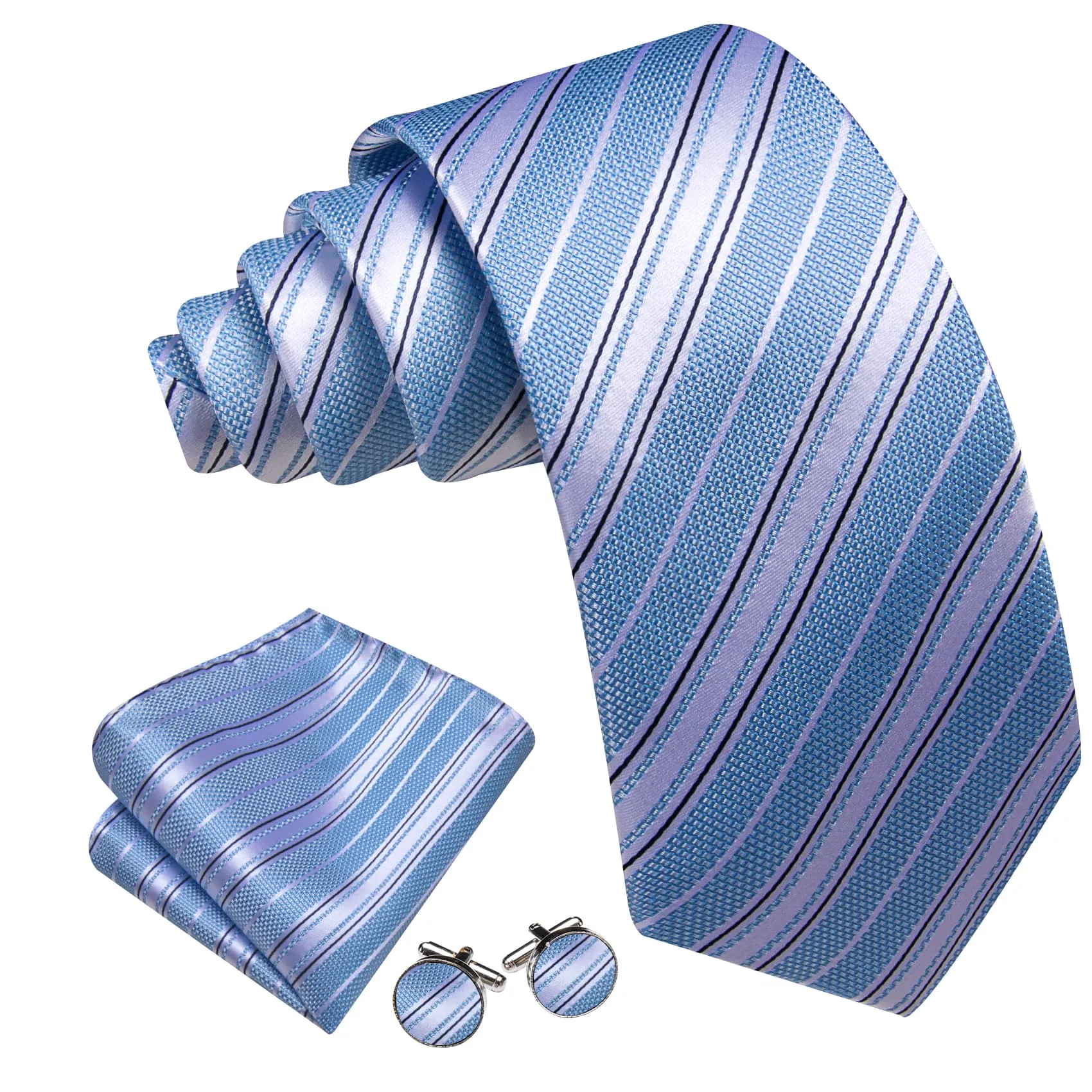 Ties2you Dress Tie Arctic Blue Striped Men's Silk Tie Pocket Square Cufflinks Set