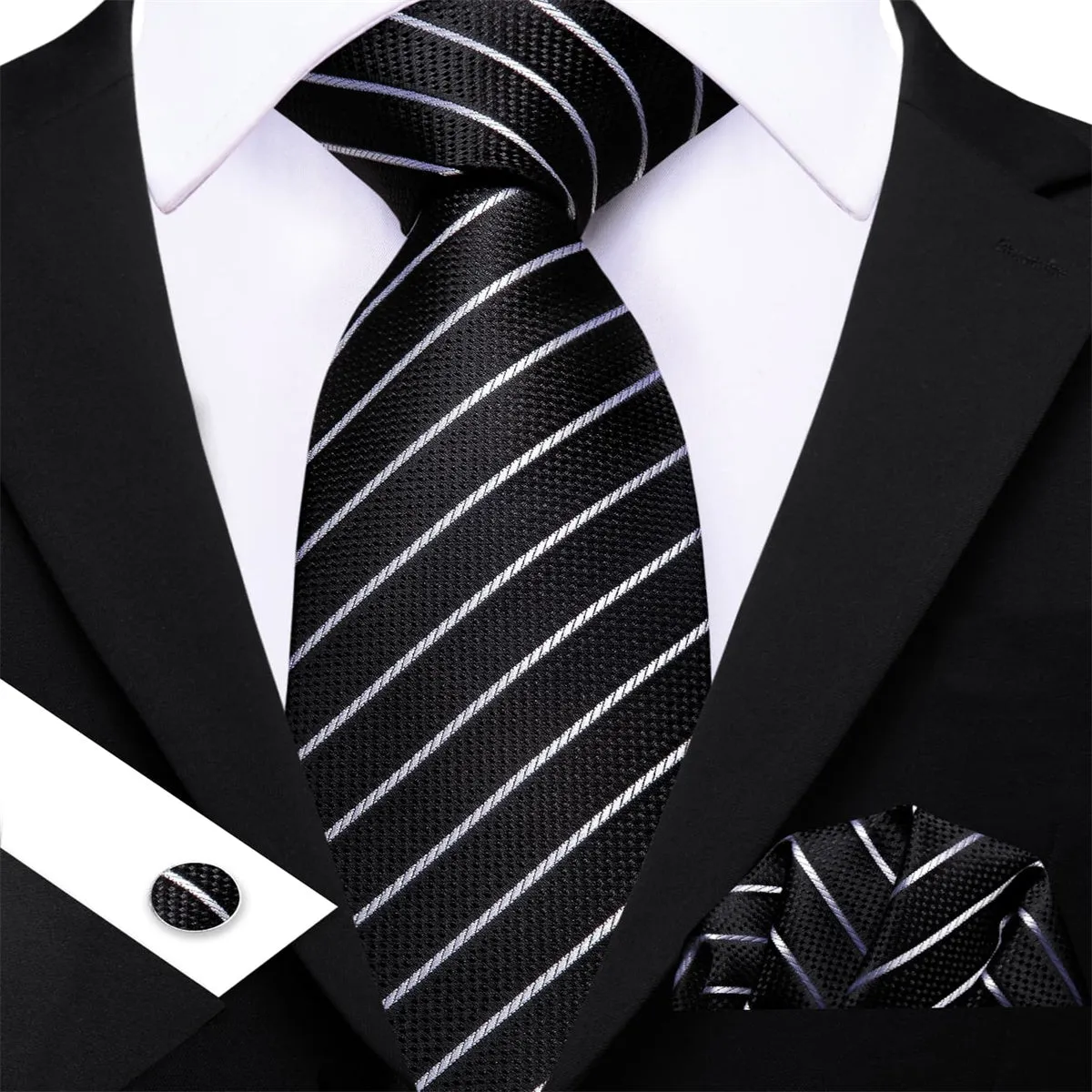 Ties2you Dress Tie Black White Striped Men's Silk Tie Hanky Cufflinks Set