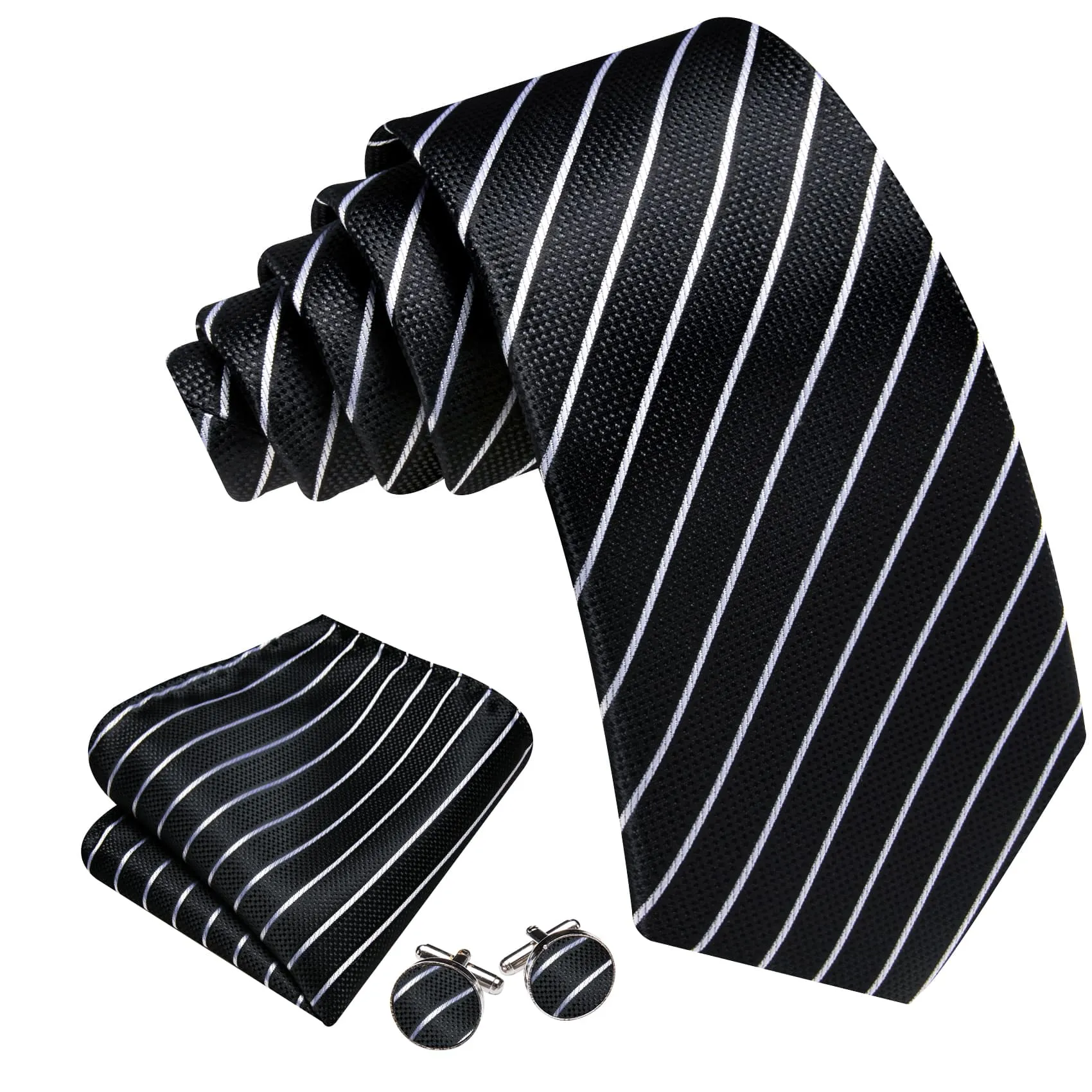 Ties2you Dress Tie Black White Striped Men's Silk Tie Hanky Cufflinks Set