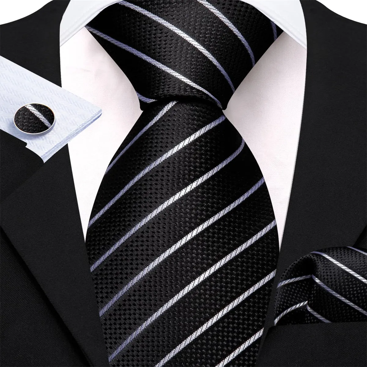 Ties2you Dress Tie Black White Striped Men's Silk Tie Hanky Cufflinks Set