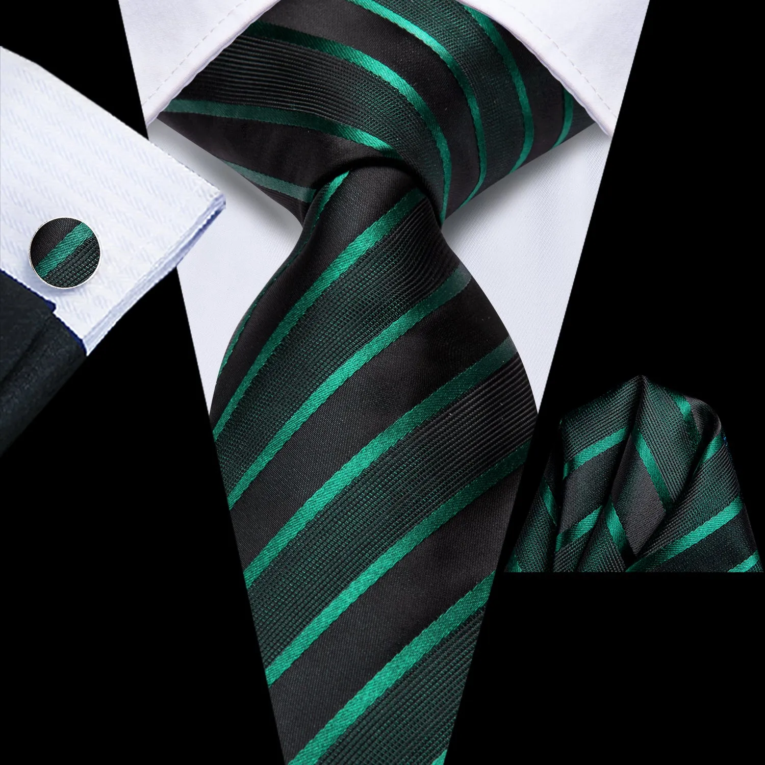 Ties2you Extra Long Tie Green Black Striped 70 Inches Silk Mens Dress Tie Set for Business