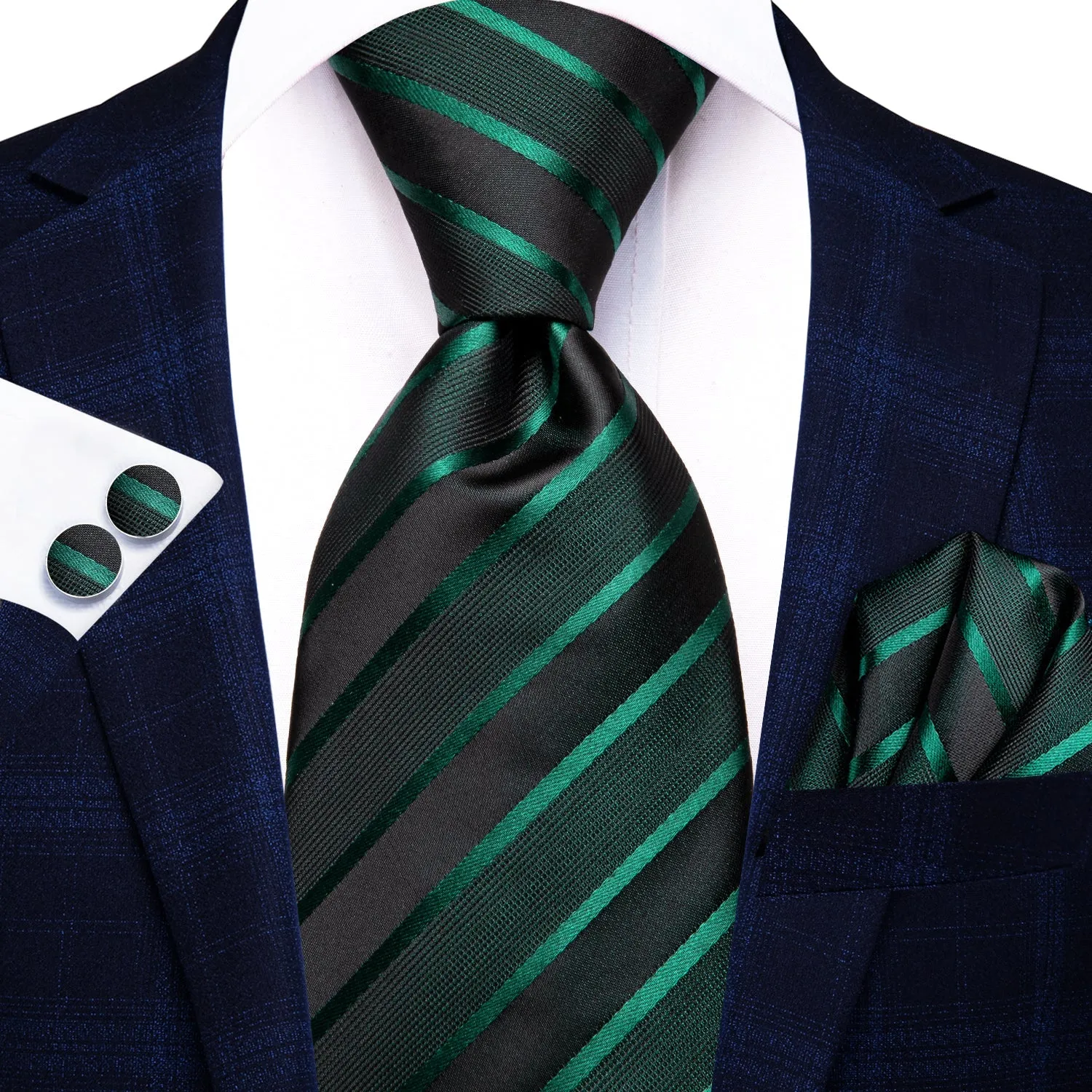 Ties2you Extra Long Tie Green Black Striped 70 Inches Silk Mens Dress Tie Set for Business