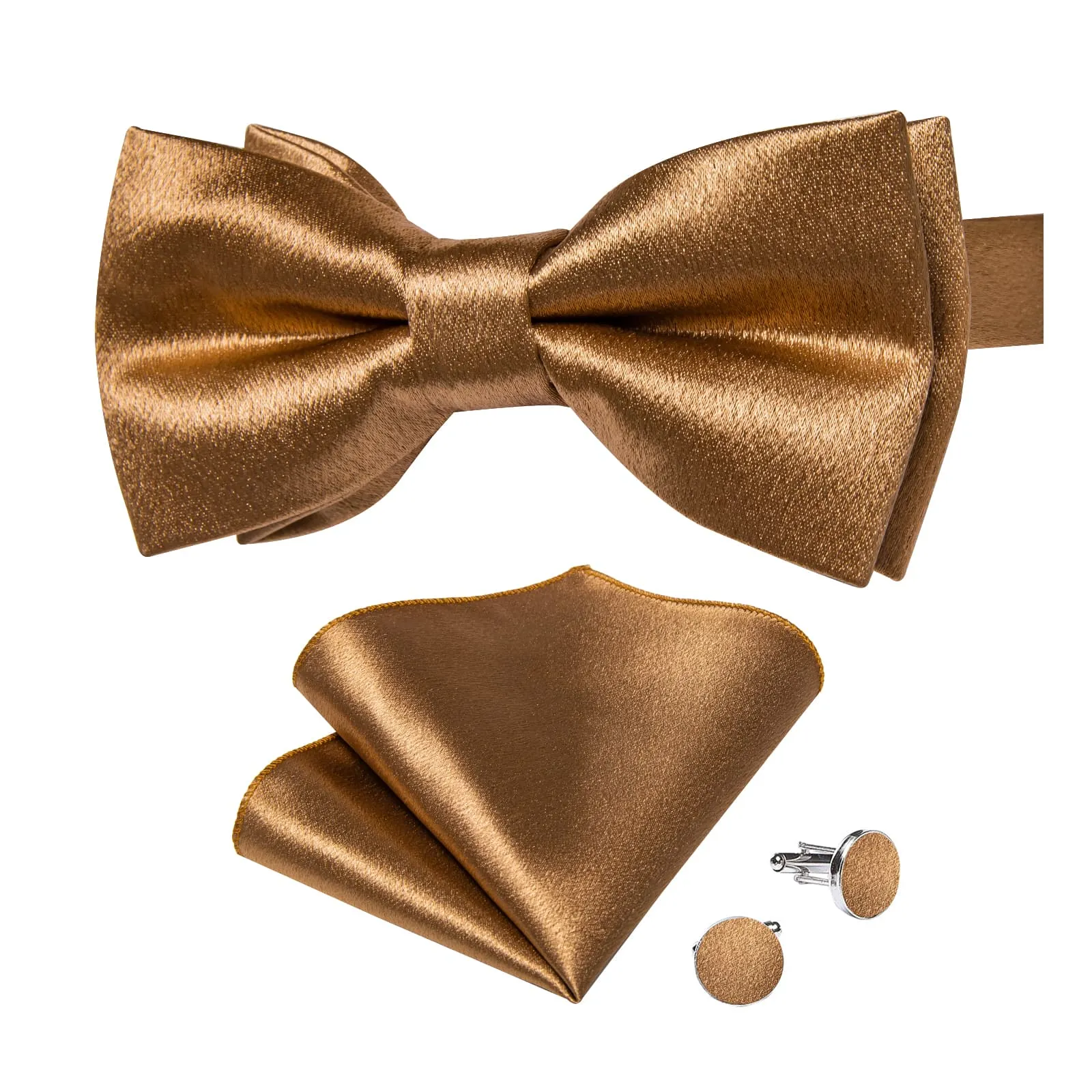 Ties2you Silk Bow Tie Shining Solid Tortilla Brown Men's Pre-tied Bowtie Handkerchief Cufflinks set