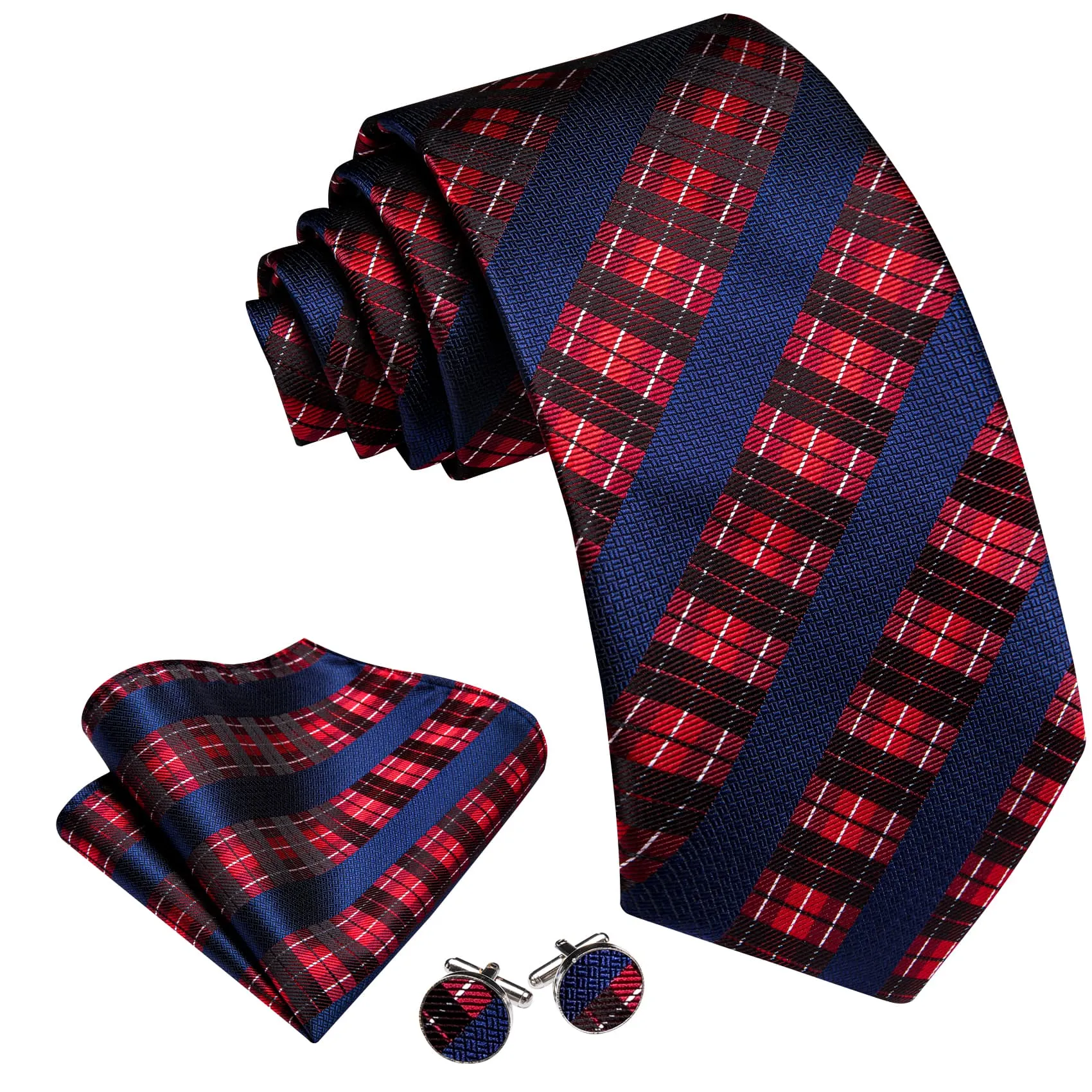 Ties2you Silk Tie Men's Striped Red Navy Blue Tie Pocket Square Cufflinks Set for Business Dress