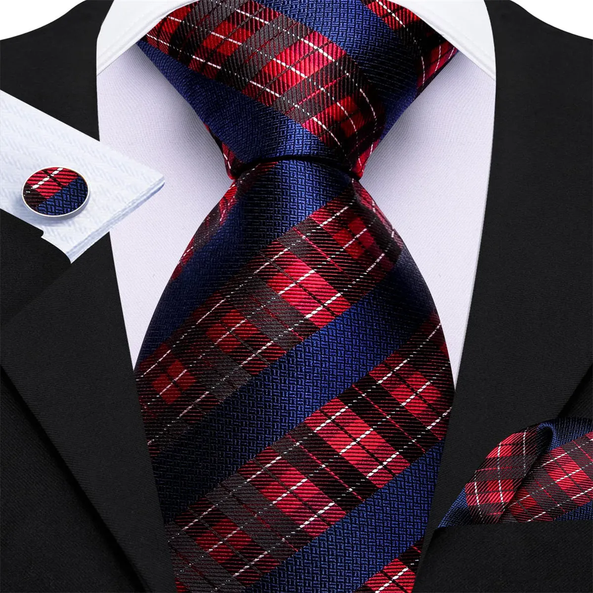 Ties2you Silk Tie Men's Striped Red Navy Blue Tie Pocket Square Cufflinks Set for Business Dress