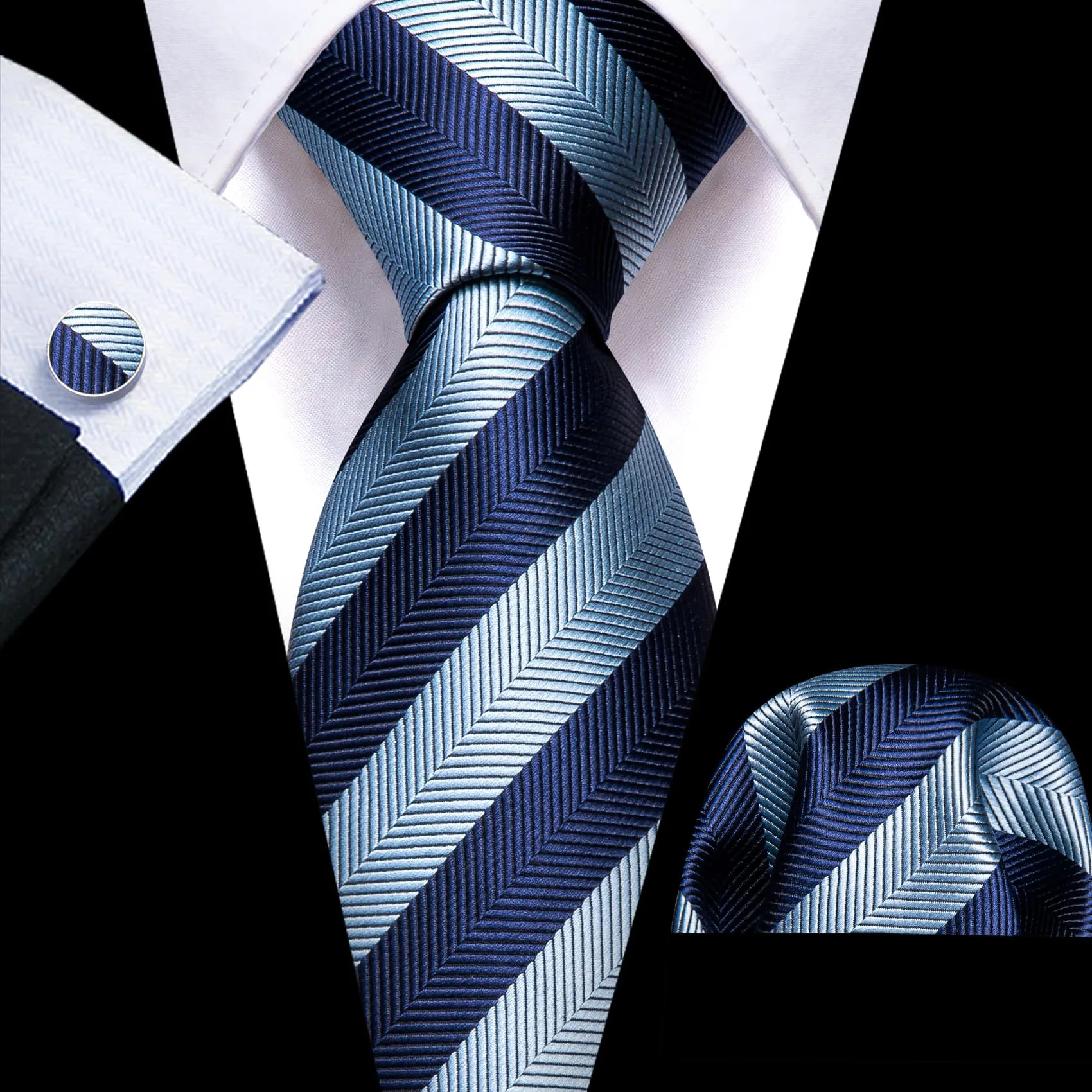 Ties2you Silk Tie Navy and Sky Blue Striped Men's Tie Pocket Square Cufflinks Set for Business