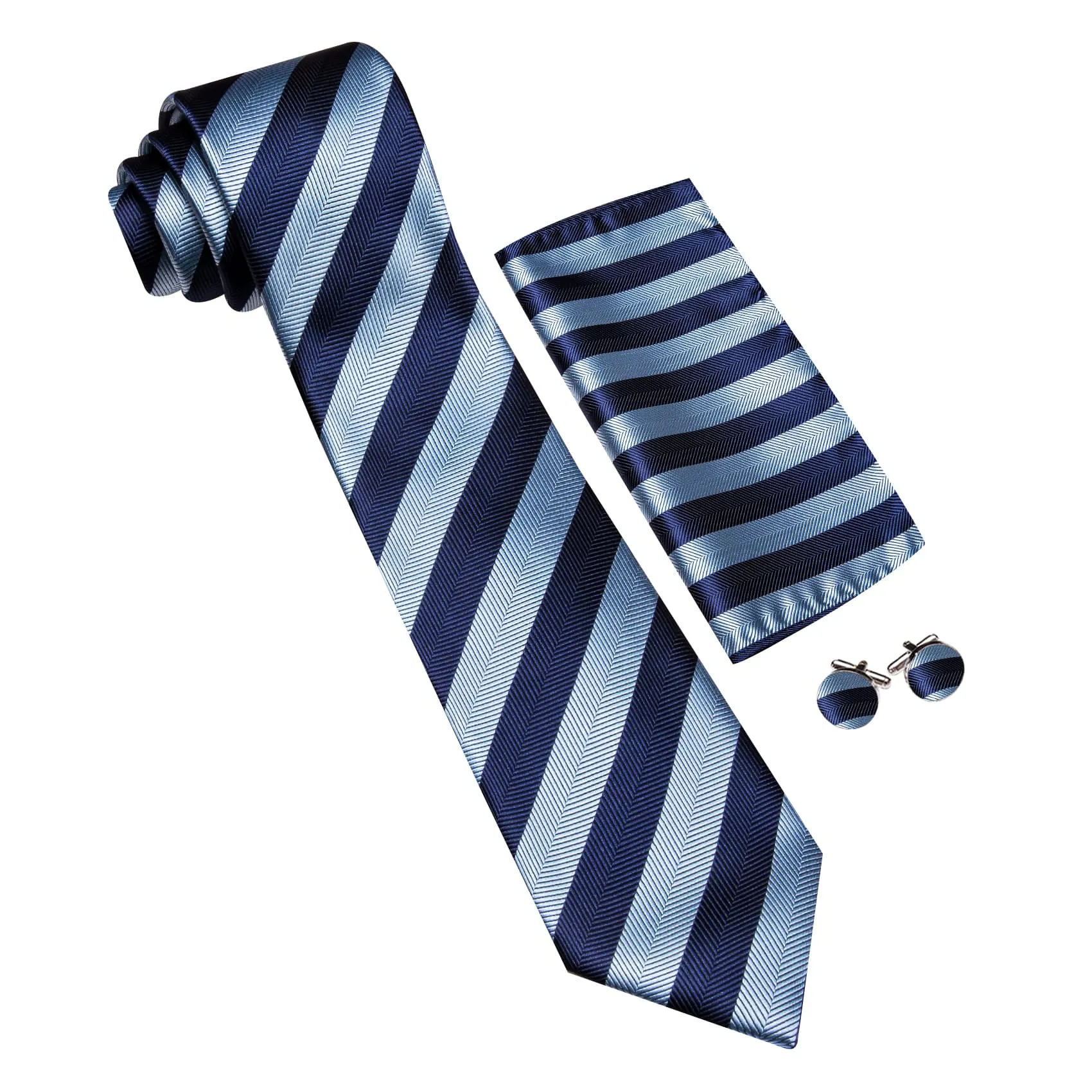 Ties2you Silk Tie Navy and Sky Blue Striped Men's Tie Pocket Square Cufflinks Set for Business