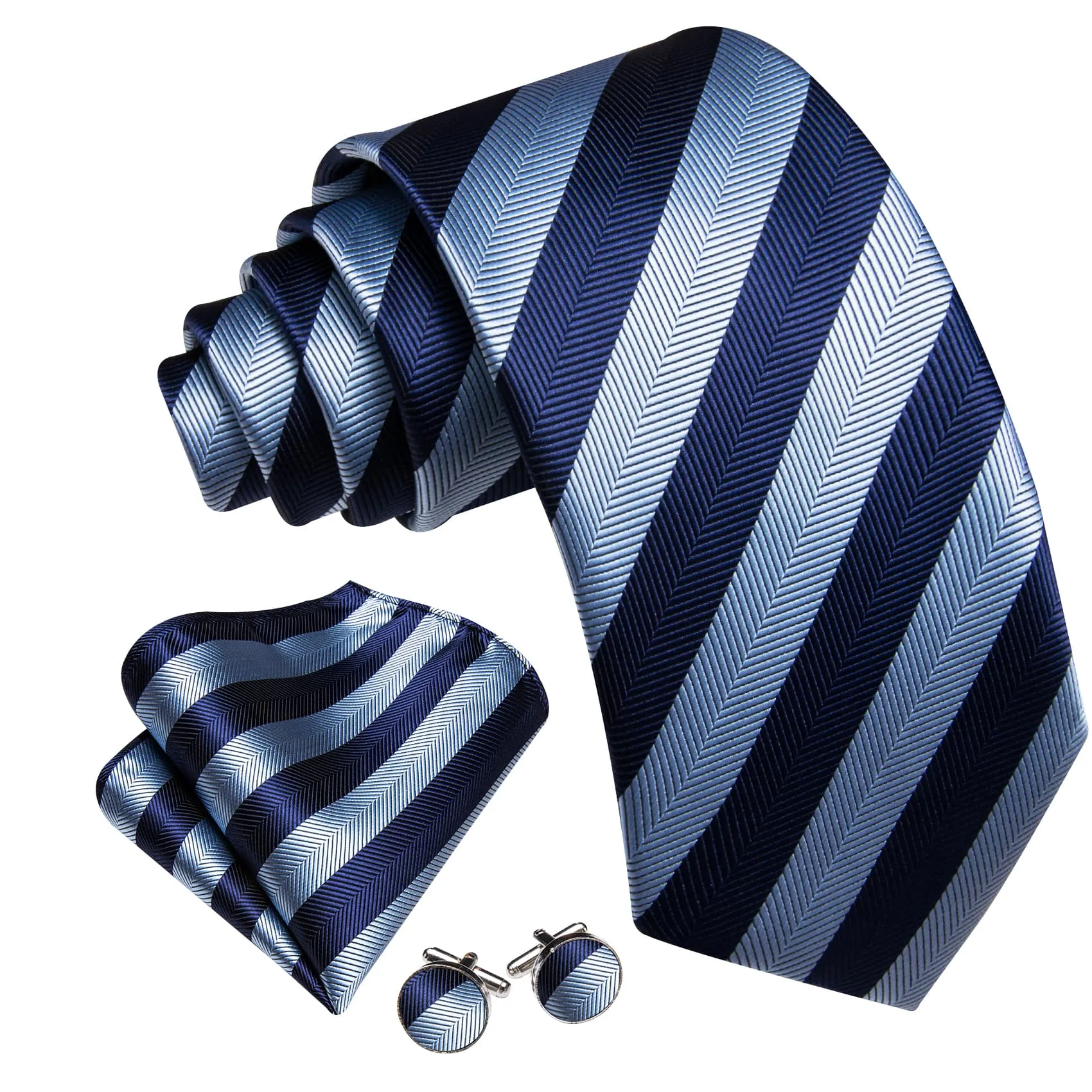 Ties2you Silk Tie Navy and Sky Blue Striped Men's Tie Pocket Square Cufflinks Set for Business