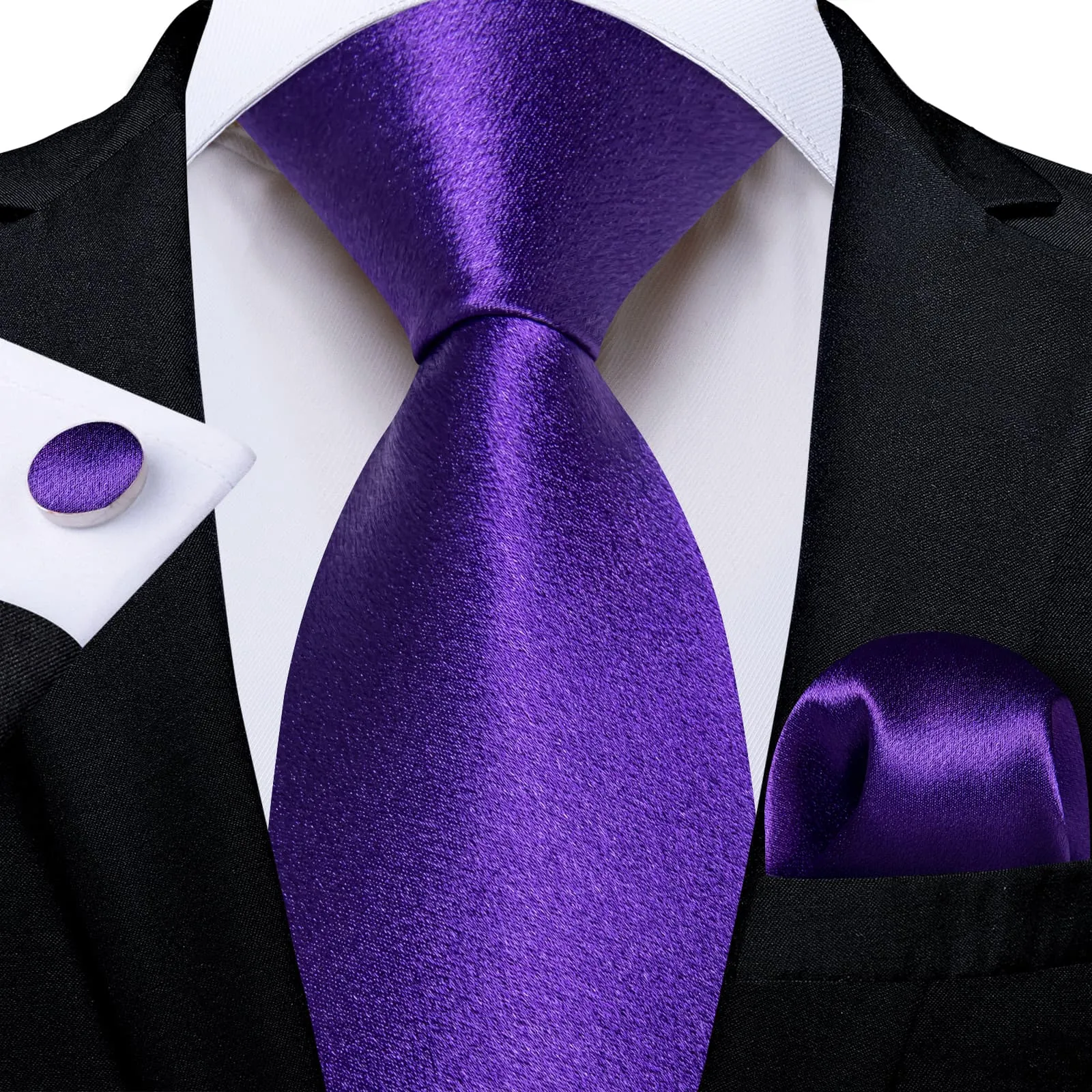 Ties2you Tie Top Business Solid Dark Purple Silk Mens Tie Pocket Square Cufflinks Set for Formal