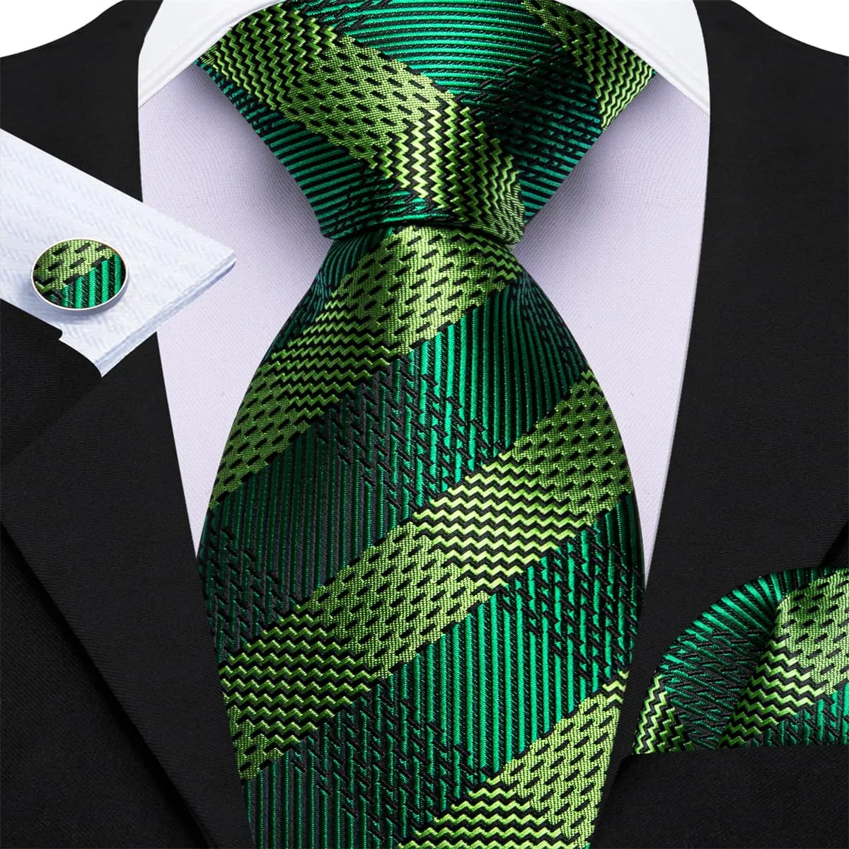 Ties2you Tuxedo Tie Emerald Striped Silk Mens Dress Tie Handkerchief Cufflinks Set