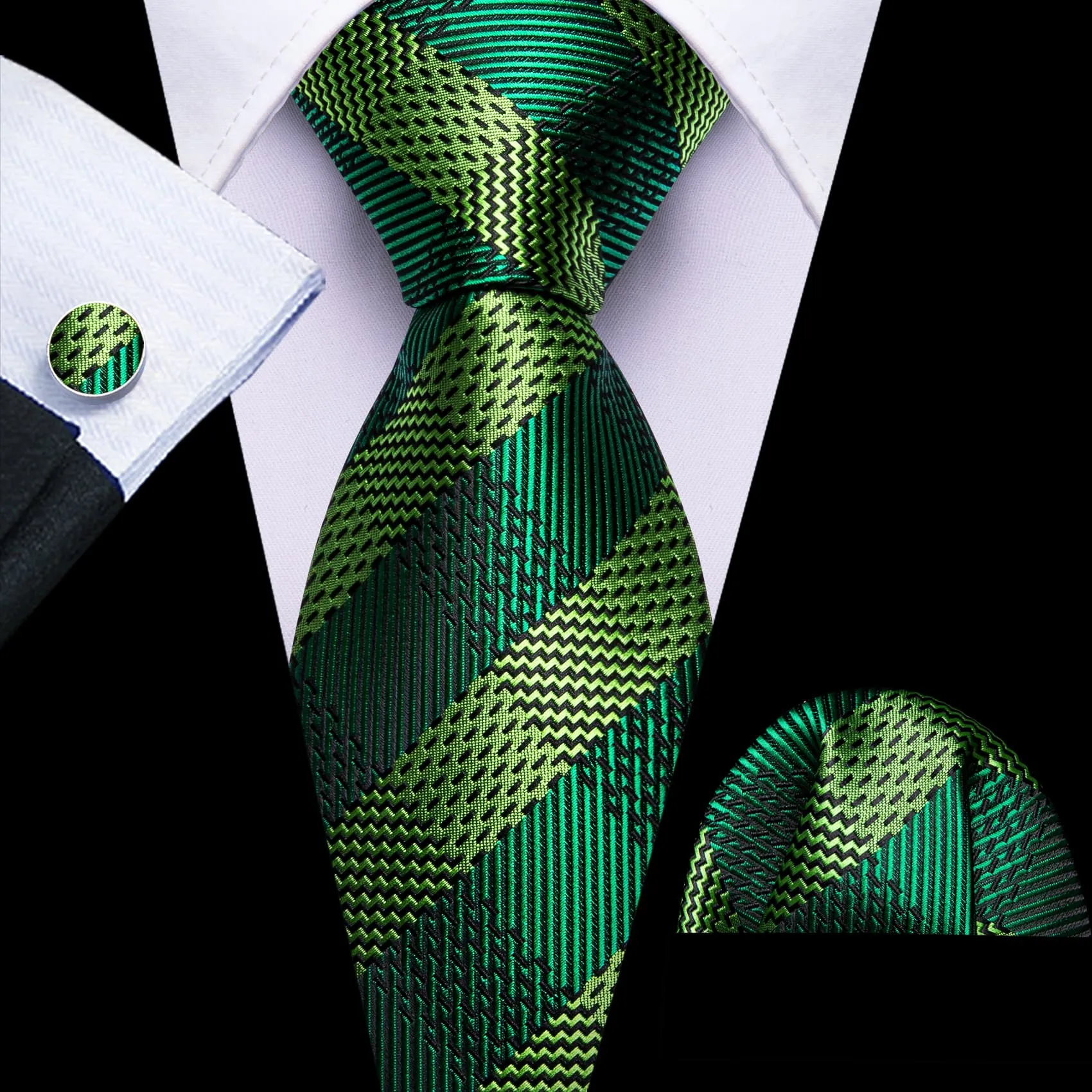 Ties2you Tuxedo Tie Emerald Striped Silk Mens Dress Tie Handkerchief Cufflinks Set