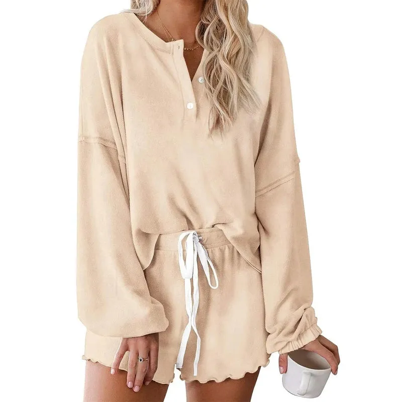 Toleet-Women's 2 Piece Pajama Set Autumn Spring Long Sleeve Button Up Pullovers Tops Drawstring Shorts Sleepwear Matching Sets