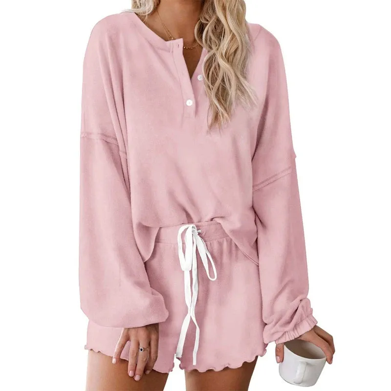 Toleet-Women's 2 Piece Pajama Set Autumn Spring Long Sleeve Button Up Pullovers Tops Drawstring Shorts Sleepwear Matching Sets