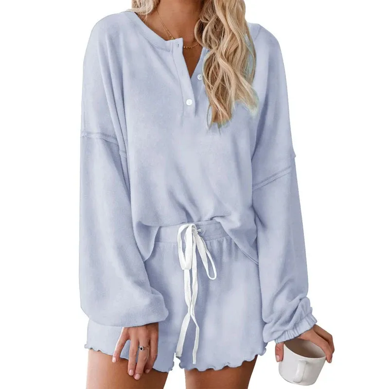 Toleet-Women's 2 Piece Pajama Set Autumn Spring Long Sleeve Button Up Pullovers Tops Drawstring Shorts Sleepwear Matching Sets