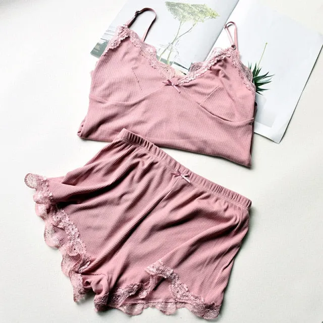 Two Piece Cotton Pajamas Set for Women Sexy Lace Top And Shorts Pajama Spaghetti Strap Sleepwear High Elastic Woman Clothes