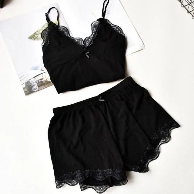 Two Piece Cotton Pajamas Set for Women Sexy Lace Top And Shorts Pajama Spaghetti Strap Sleepwear High Elastic Woman Clothes