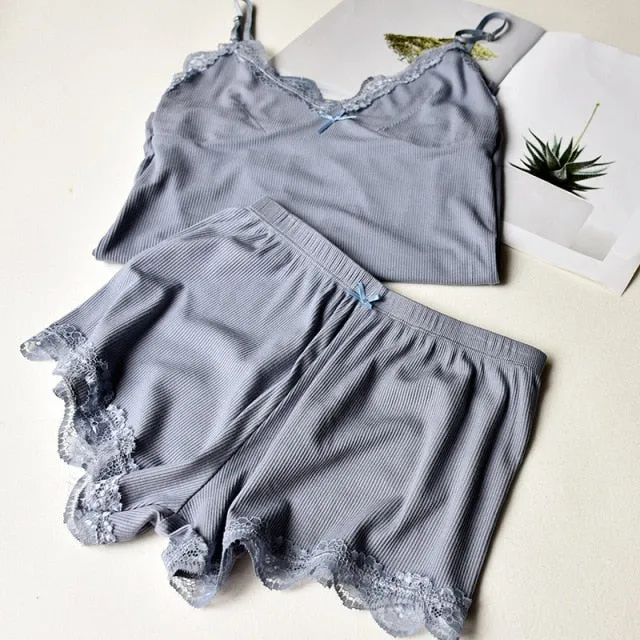 Two Piece Cotton Pajamas Set for Women Sexy Lace Top And Shorts Pajama Spaghetti Strap Sleepwear High Elastic Woman Clothes