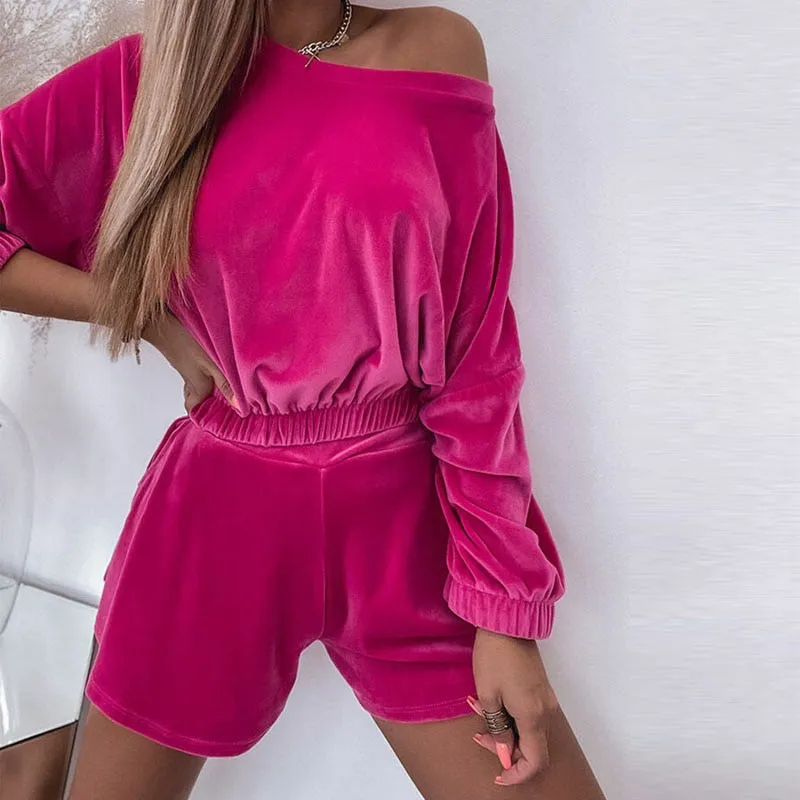 Velvet Two Piece Set Long Sleeve Shorts Outfits