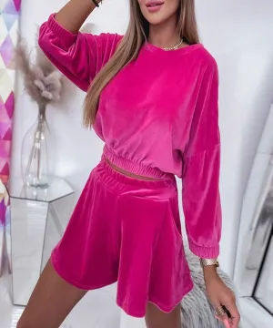 Velvet Two Piece Set Long Sleeve Shorts Outfits