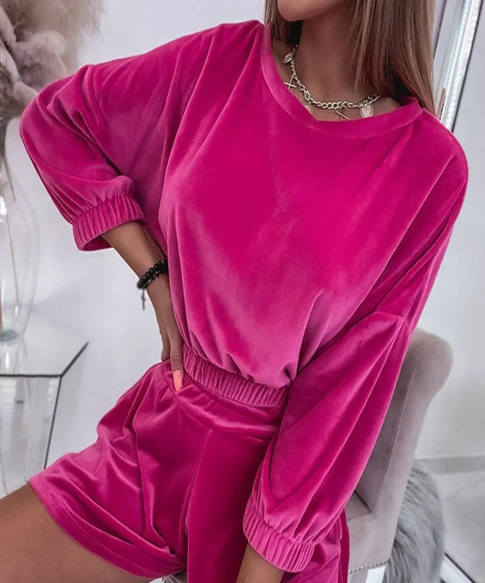 Velvet Two Piece Set Long Sleeve Shorts Outfits