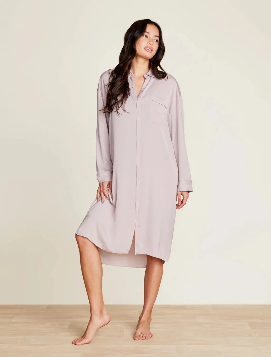 Washed Satin Piped Nightshirt with Love Embroidery- Feather