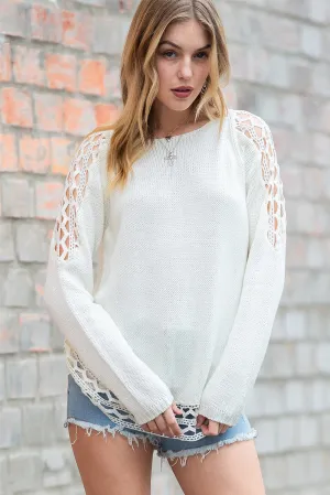 White Cutout Sleeve Solid Color Knit Sweater