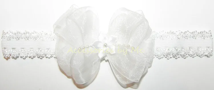 White Organza Pearl Bow Headband