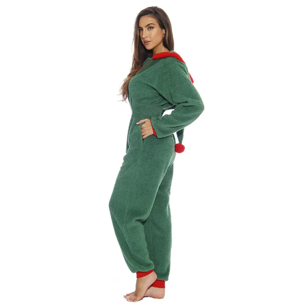 Women Underwear Christmas Pajamas Hooded Winter Warm Loungewear Santa Sleepwear Nightwear Jumpsuit Pyjamas