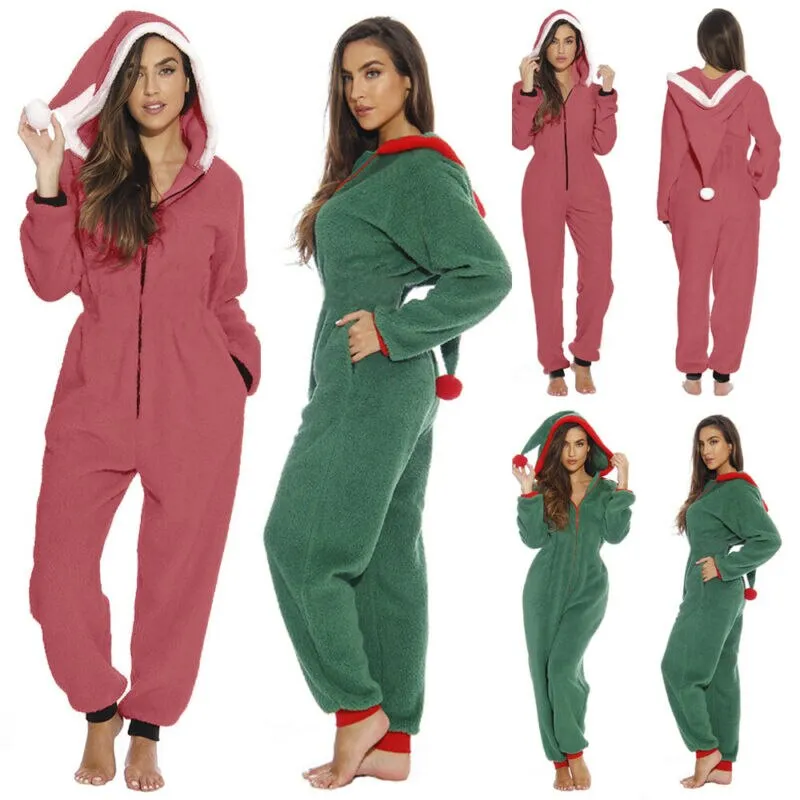 Women Underwear Christmas Pajamas Hooded Winter Warm Loungewear Santa Sleepwear Nightwear Jumpsuit Pyjamas