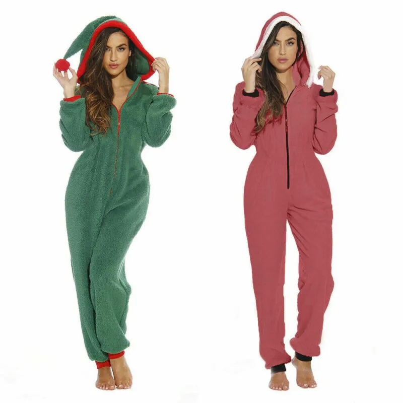 Women Underwear Christmas Pajamas Hooded Winter Warm Loungewear Santa Sleepwear Nightwear Jumpsuit Pyjamas