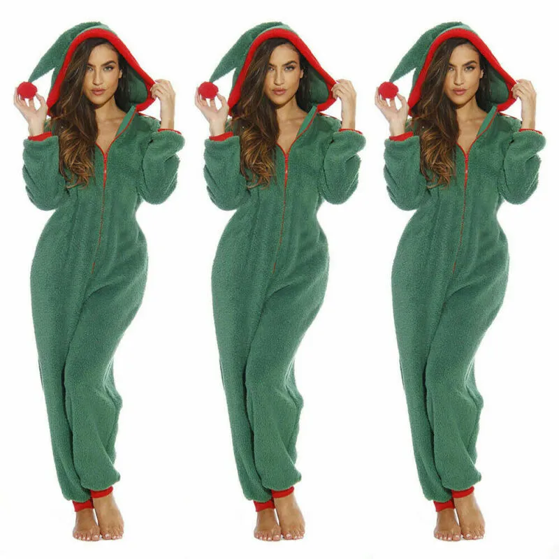 Women Underwear Christmas Pajamas Hooded Winter Warm Loungewear Santa Sleepwear Nightwear Jumpsuit Pyjamas